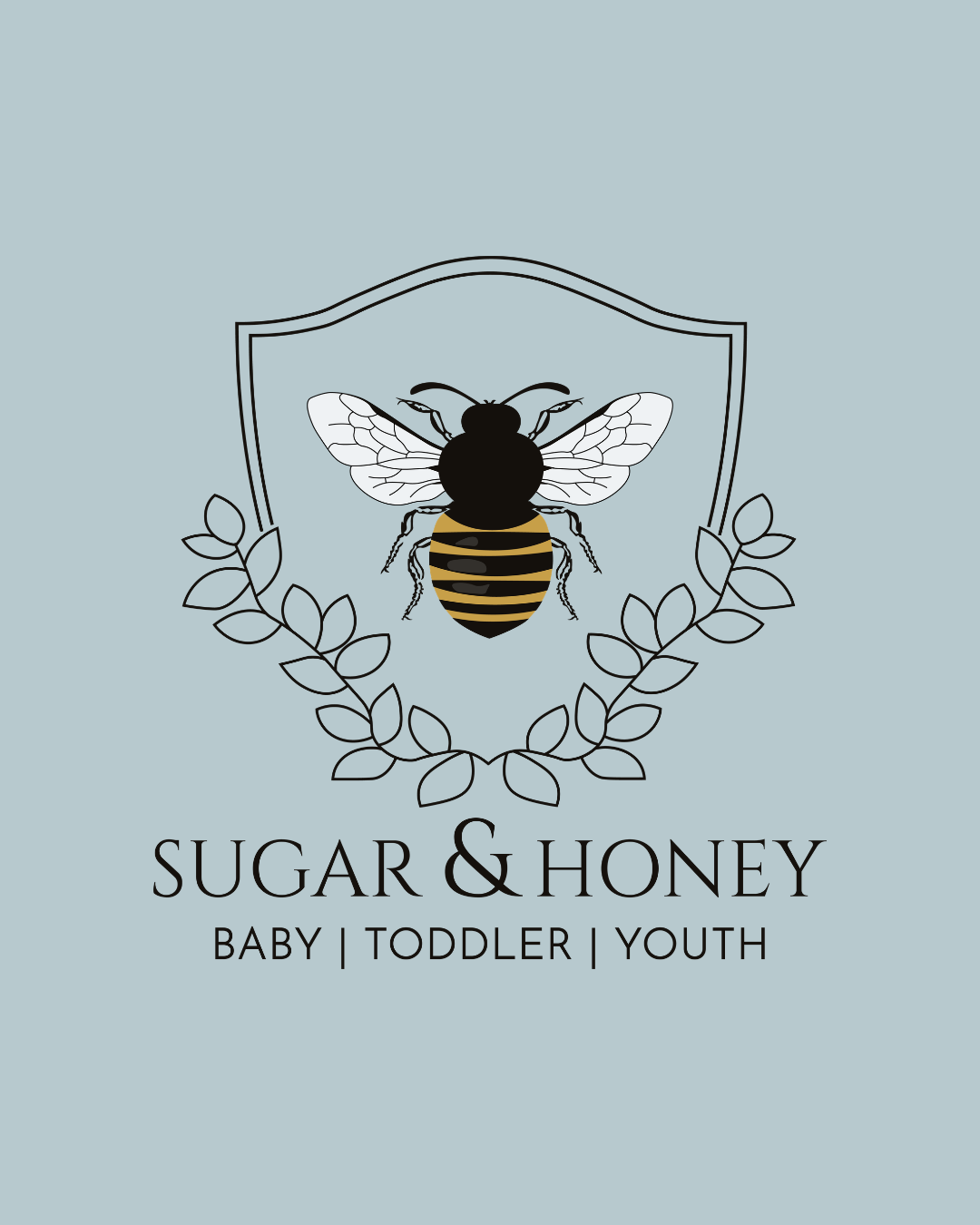 A logo for Sugar & Honey featuring a bee with detailed wings inside a shield-shaped outline, surrounded by a leafy laurel. Text below reads 'Baby | Toddler | Youth'.
