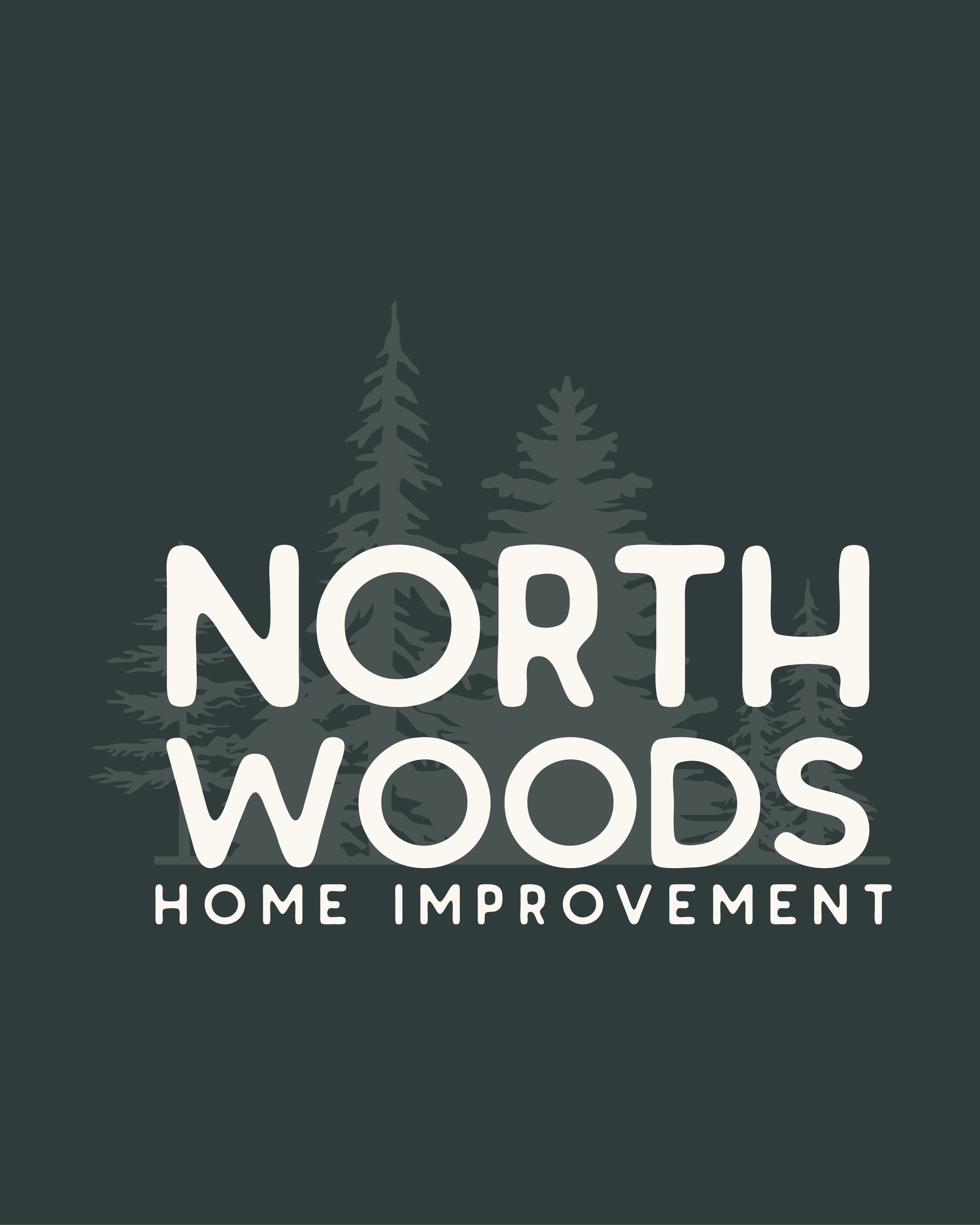 Logo for North Woods Home Improvement with trees in the background.