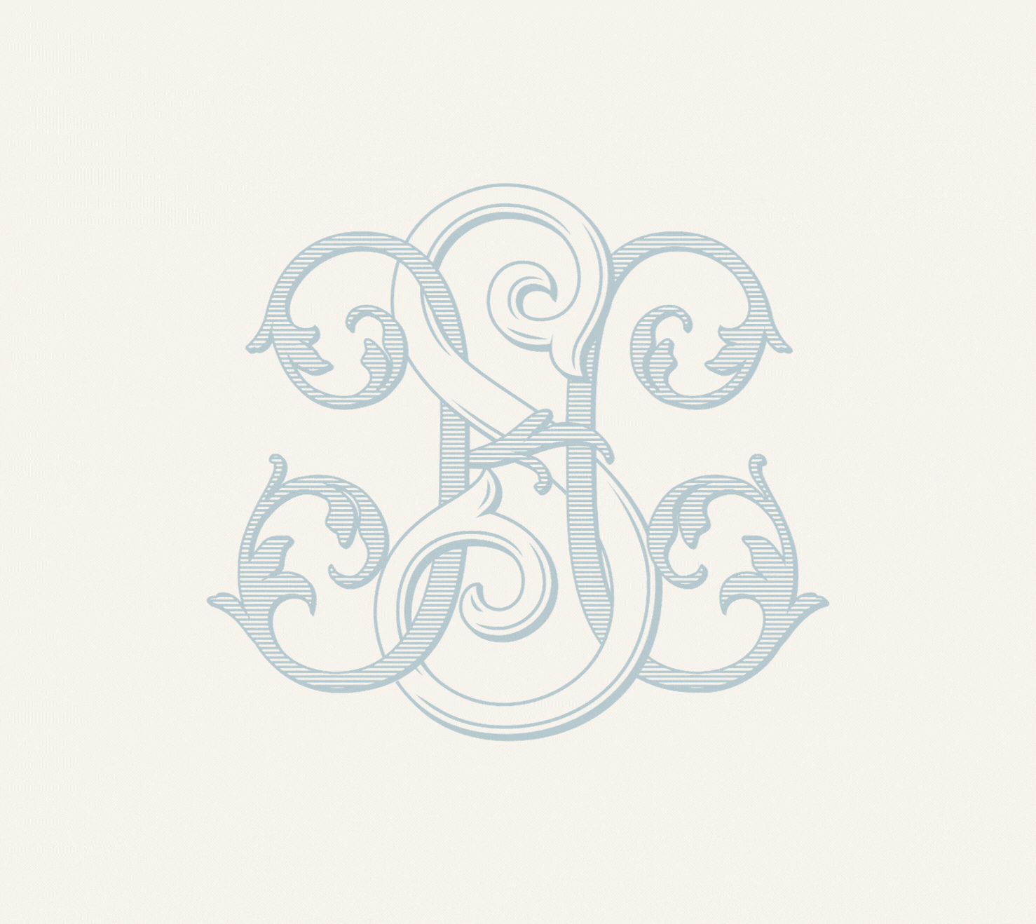Decorative light blue ornate monogram with intertwined letters 'A' and 'C' on a light background.