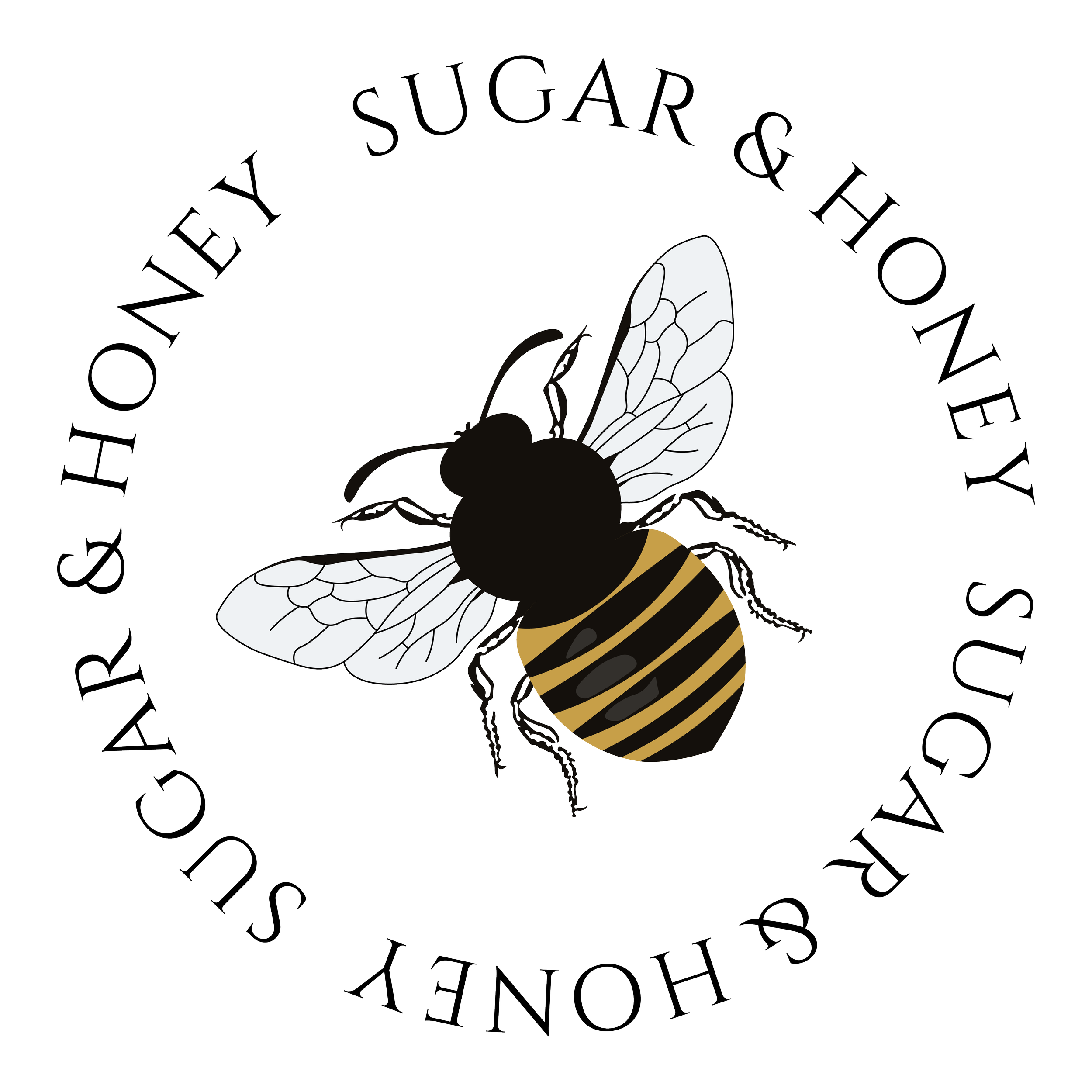 A logo featuring a bee with white wings and a striped yellow and black body, encircled by the text 'SUGAR & HONEY SURFBOARD HOUYONHEY' on a black background.