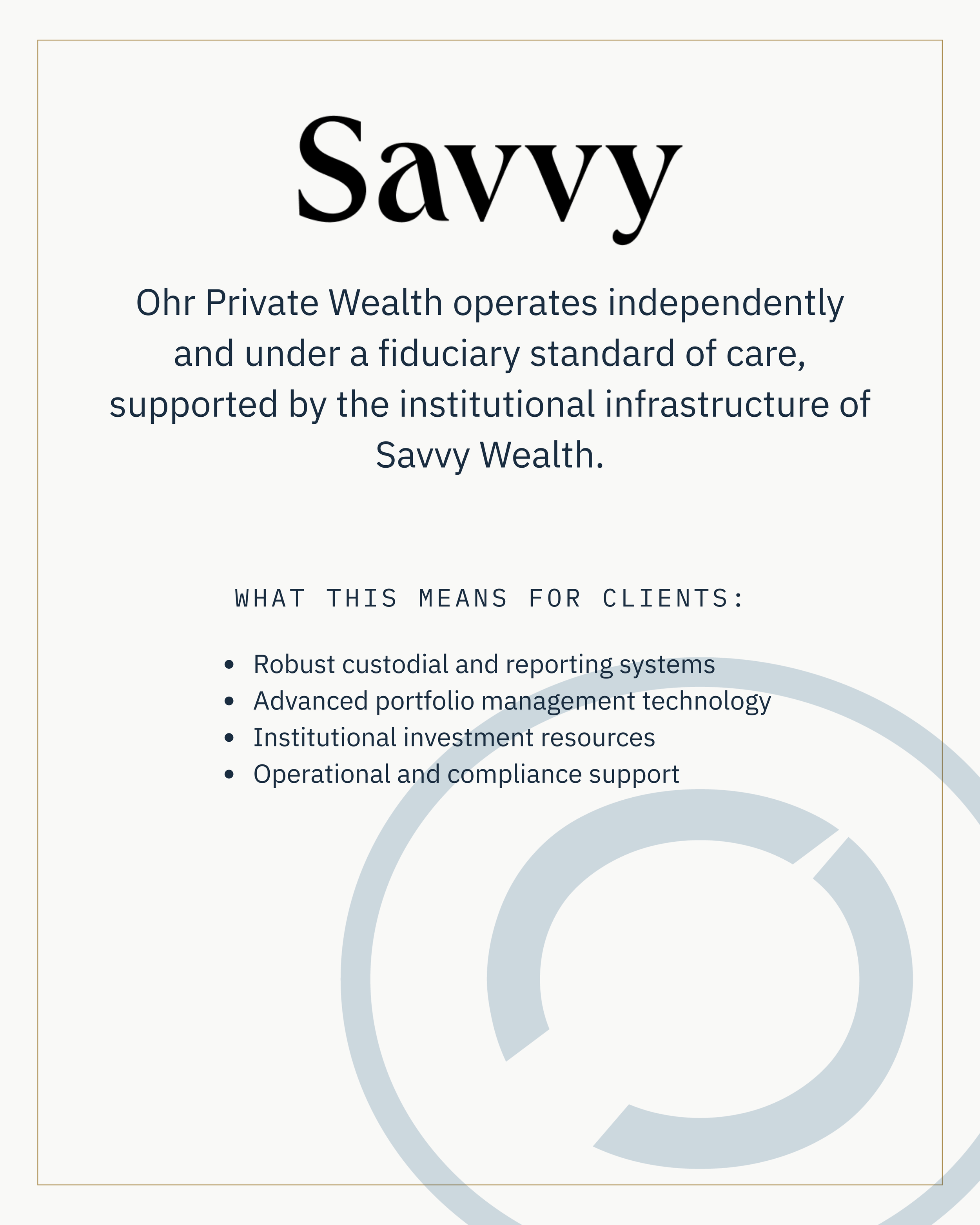 A flyer or brochure with the title 'Savvy' promoting private wealth management services, featuring bullet points about systems, technology, investment resources, and support.