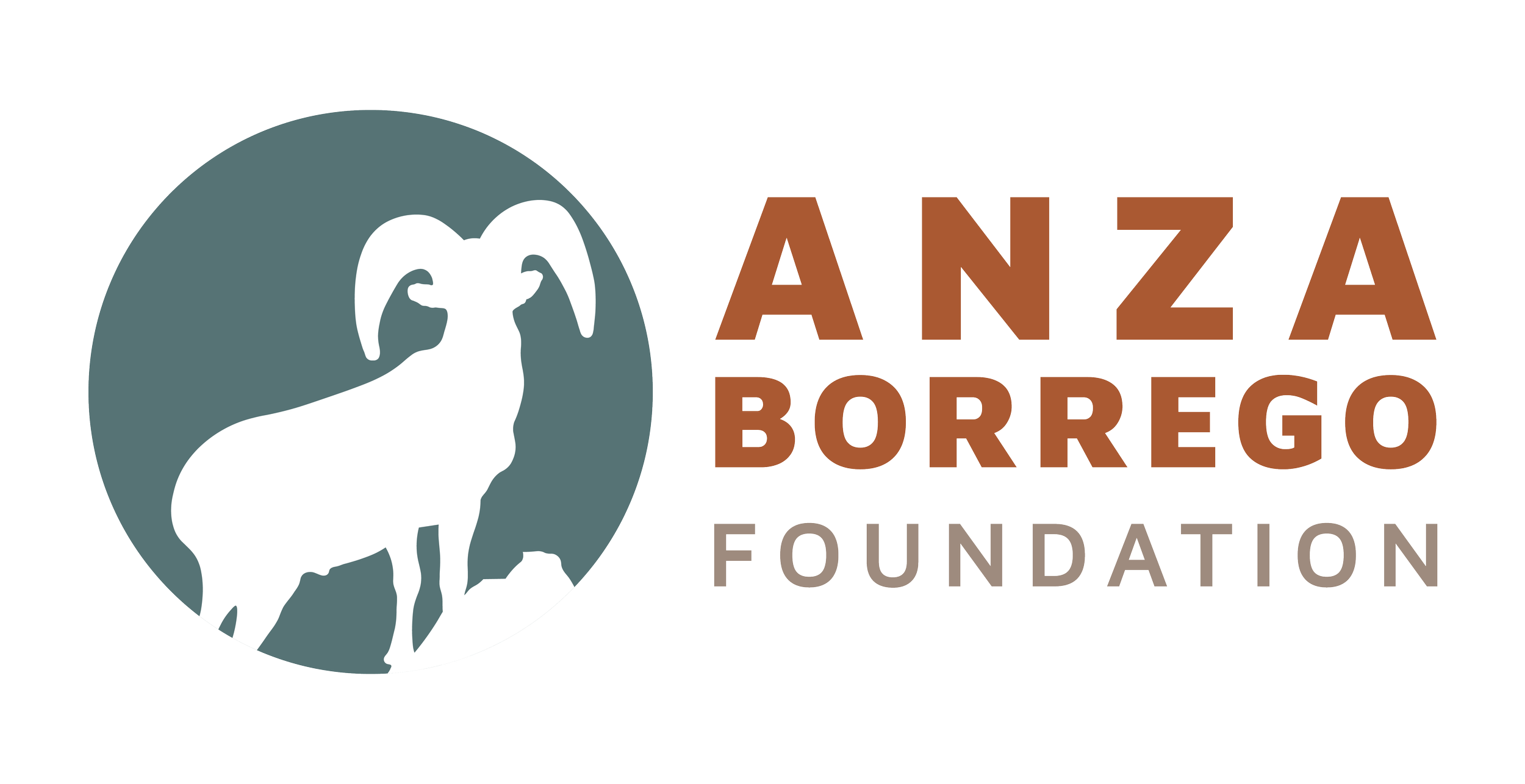 Logo of the Anza Borrego Foundation featuring a stylized white animal silhouette, possibly a desert bighorn sheep, within a gray circle, accompanied by brown and gray text that reads 'Anza Borrego Foundation'.