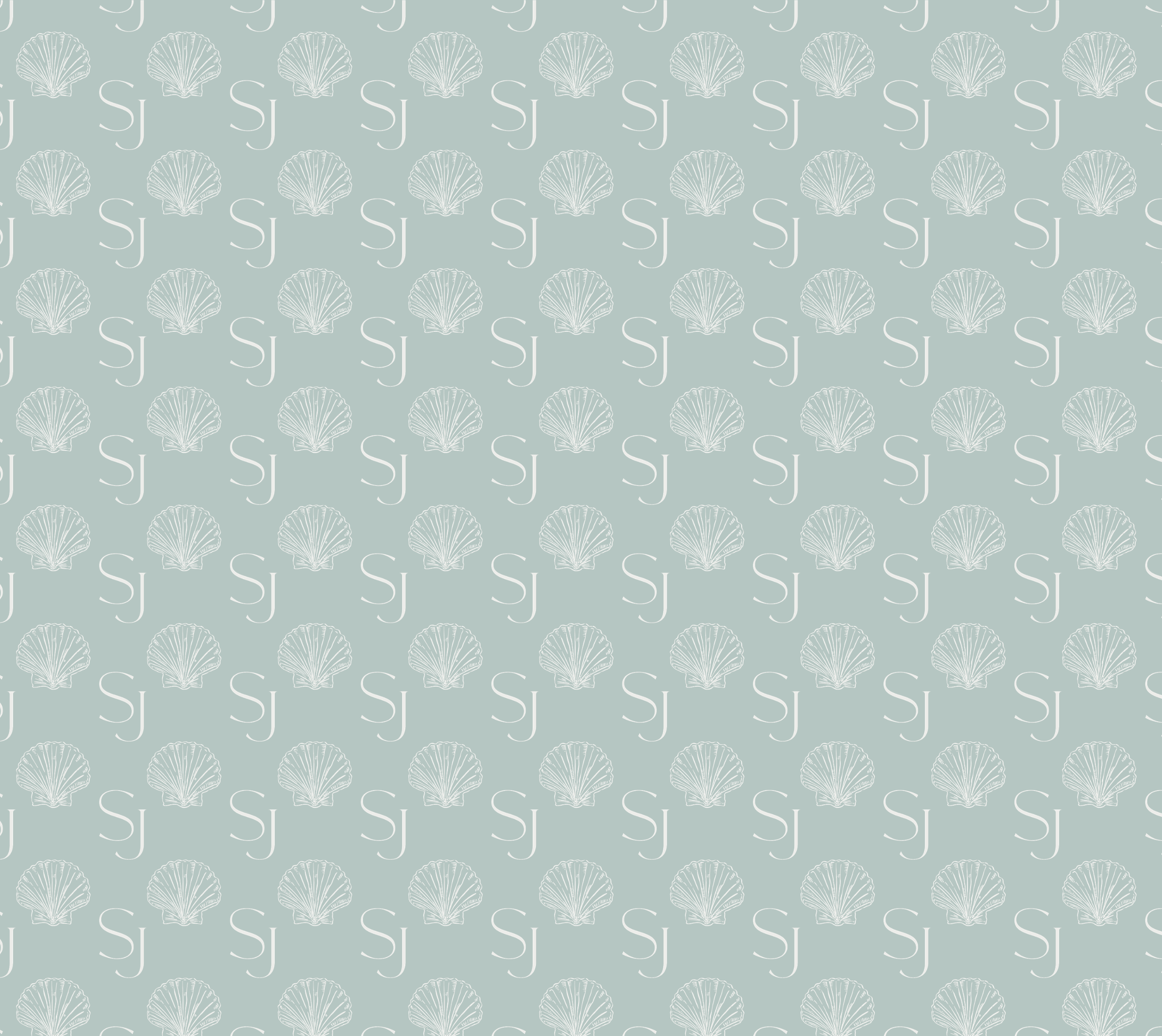 Pattern of seashell illustrations and the initials 'SJ' on a light blue background.