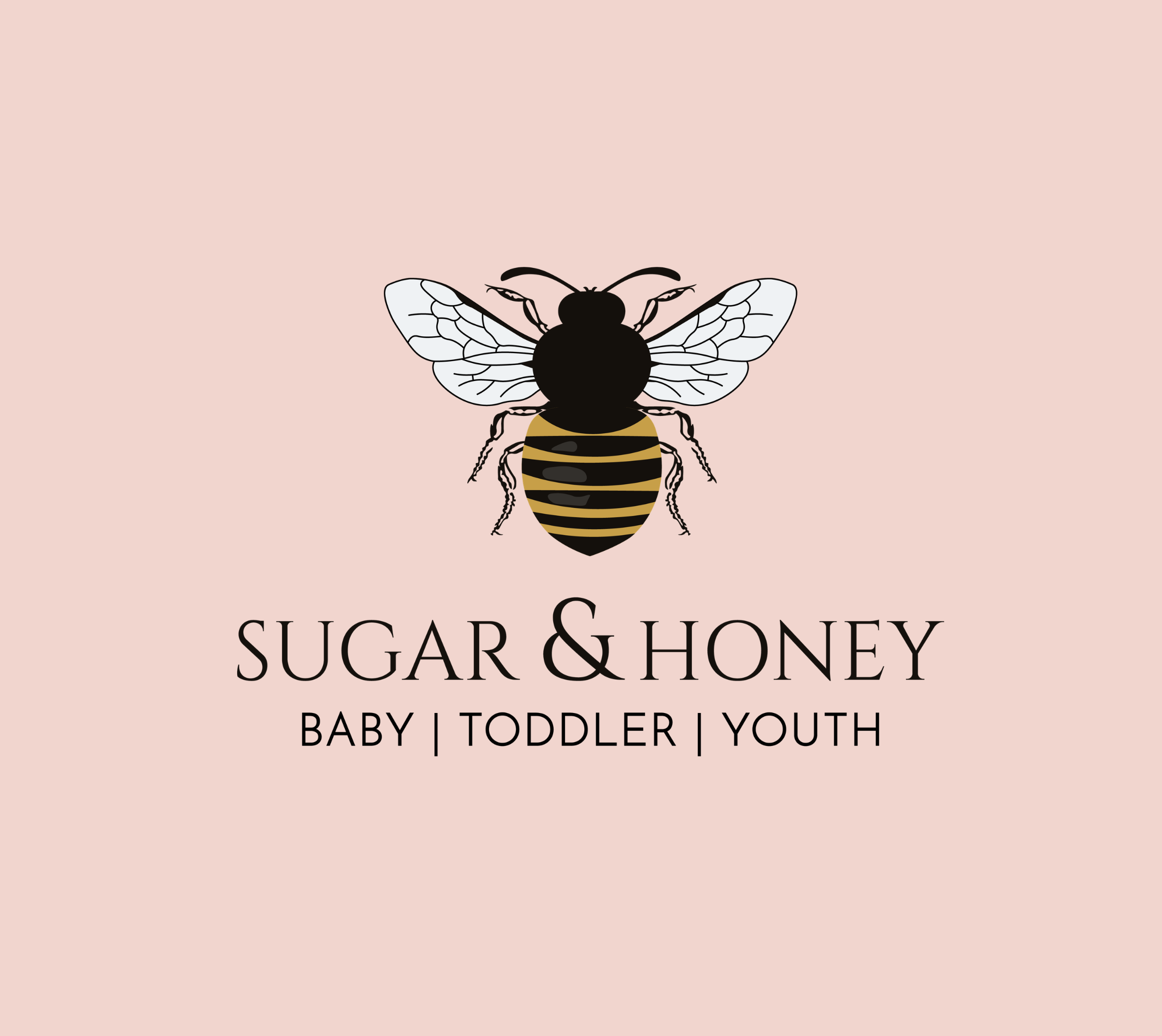 A logo for Sugar & Honey featuring a bee with black and yellow striped body, transparent wings, on a pink background. Text reads 'Sugar & Honey Baby | Toddler | Youth'.