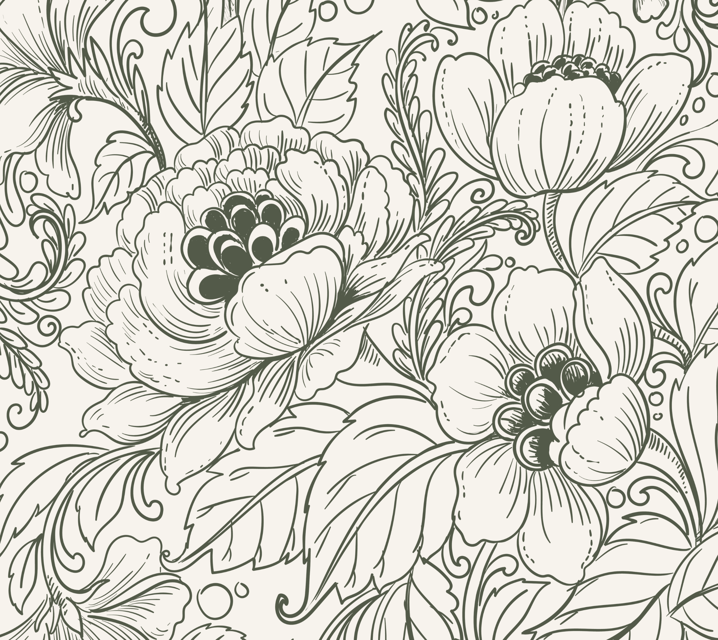 Black and white floral pattern with large roses, peonies, and various foliage, detailed with line art style.