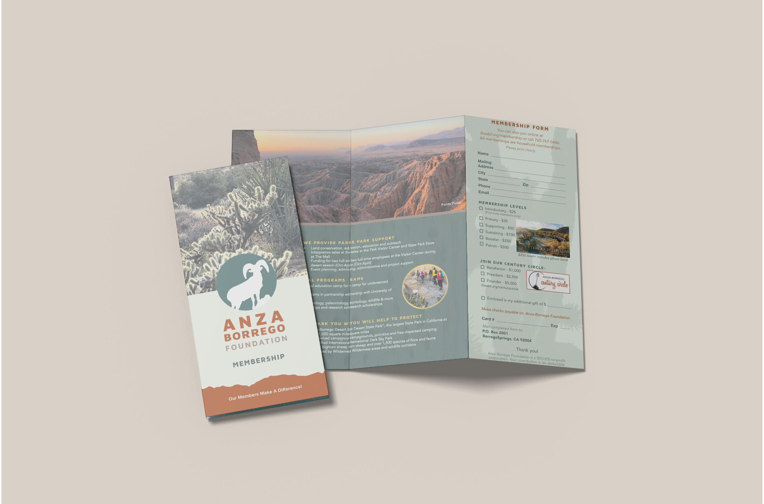 Tri-fold informational brochure for the Anza Borrego Foundation. The front panel features an illustration of a bighorn sheep and desert plants with the foundation's logo and tagline. The inside panels include scenic mountain photos, membership form, donation options, and details about foundation programs and support efforts.