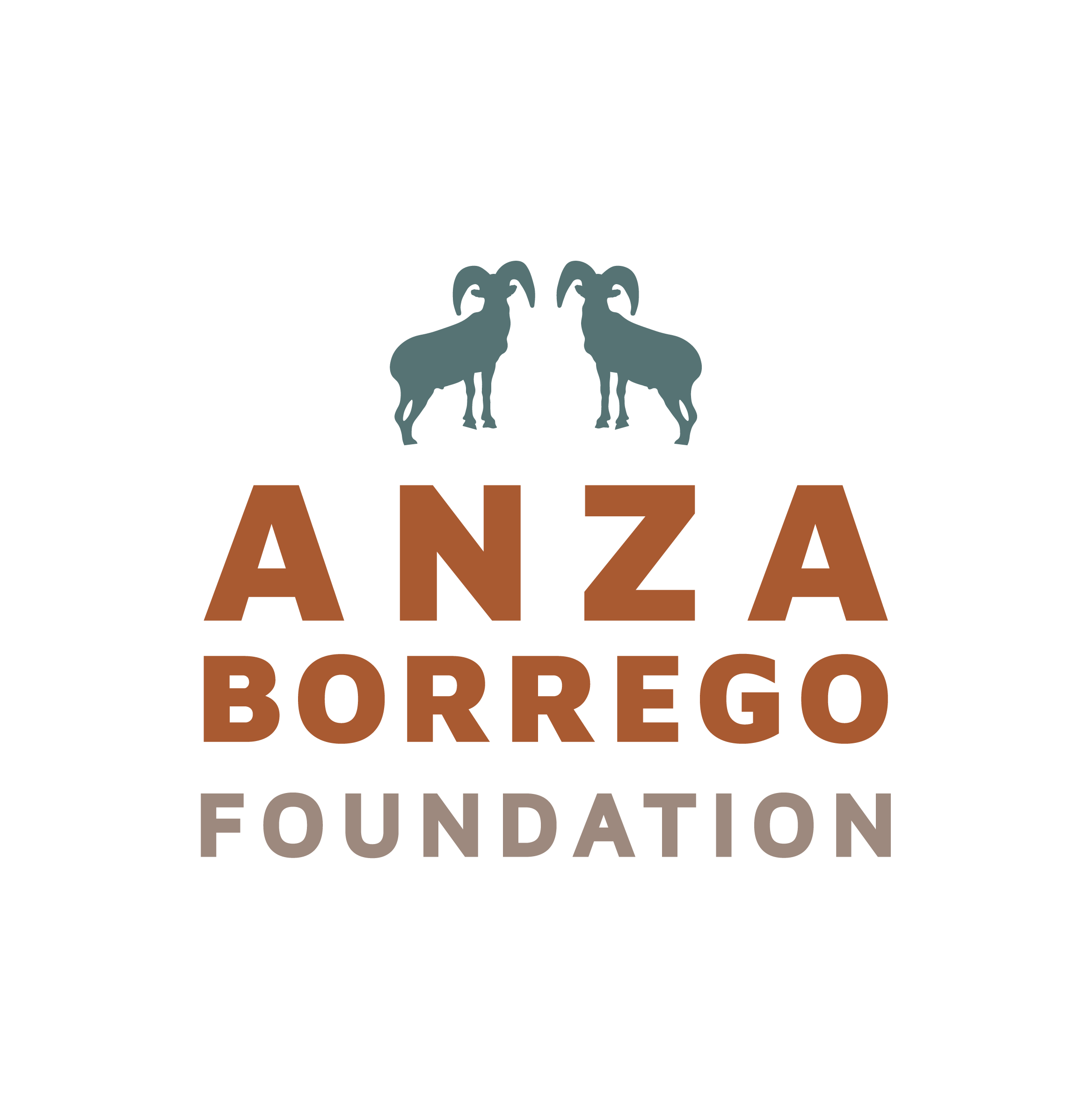 Logo for the ANZA Borrego Foundation featuring two mountain goats facing each other with the name in brown and gray text.