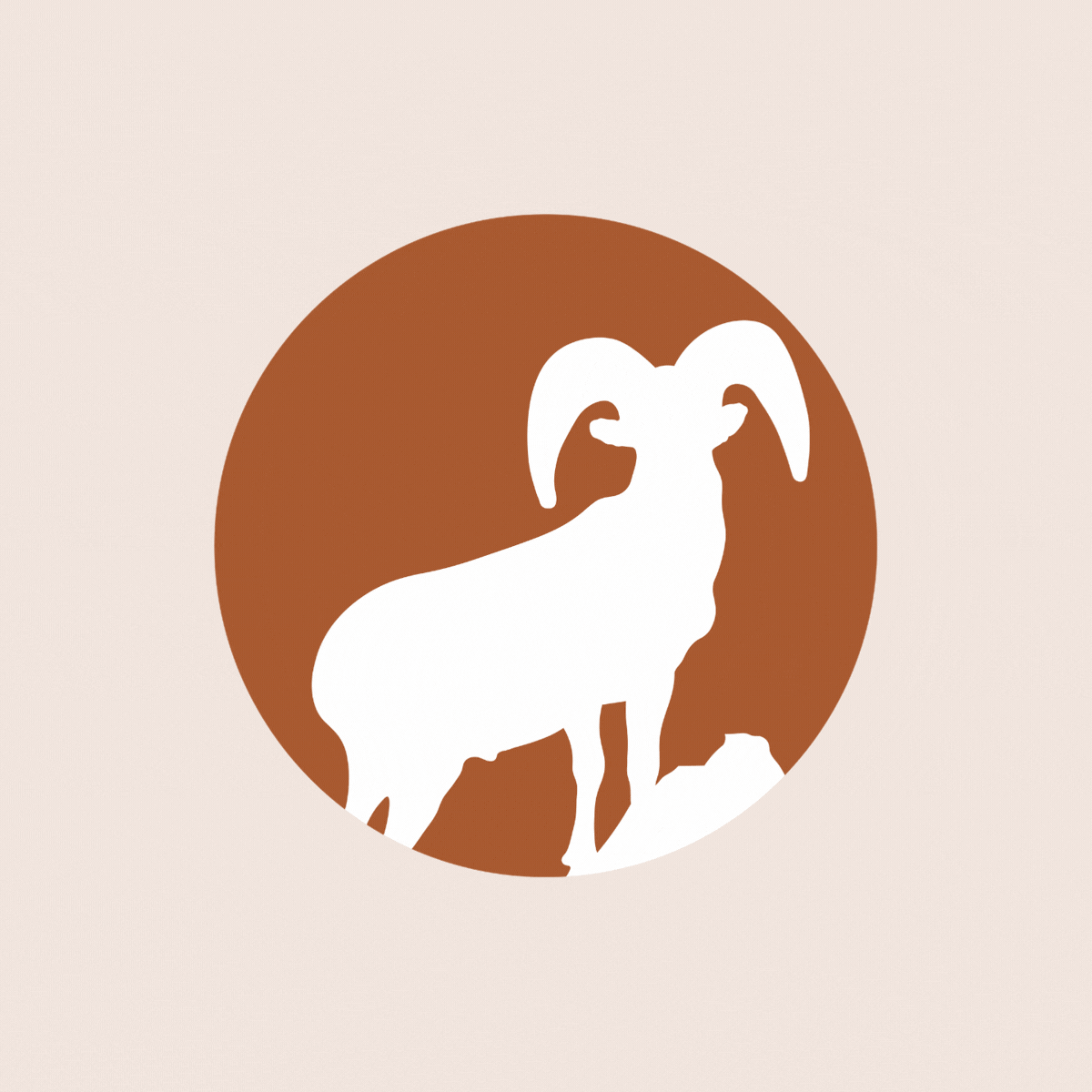 A minimalist logo featuring a white silhouette of a goat with curved horns inside a brown circle against a light beige background.
