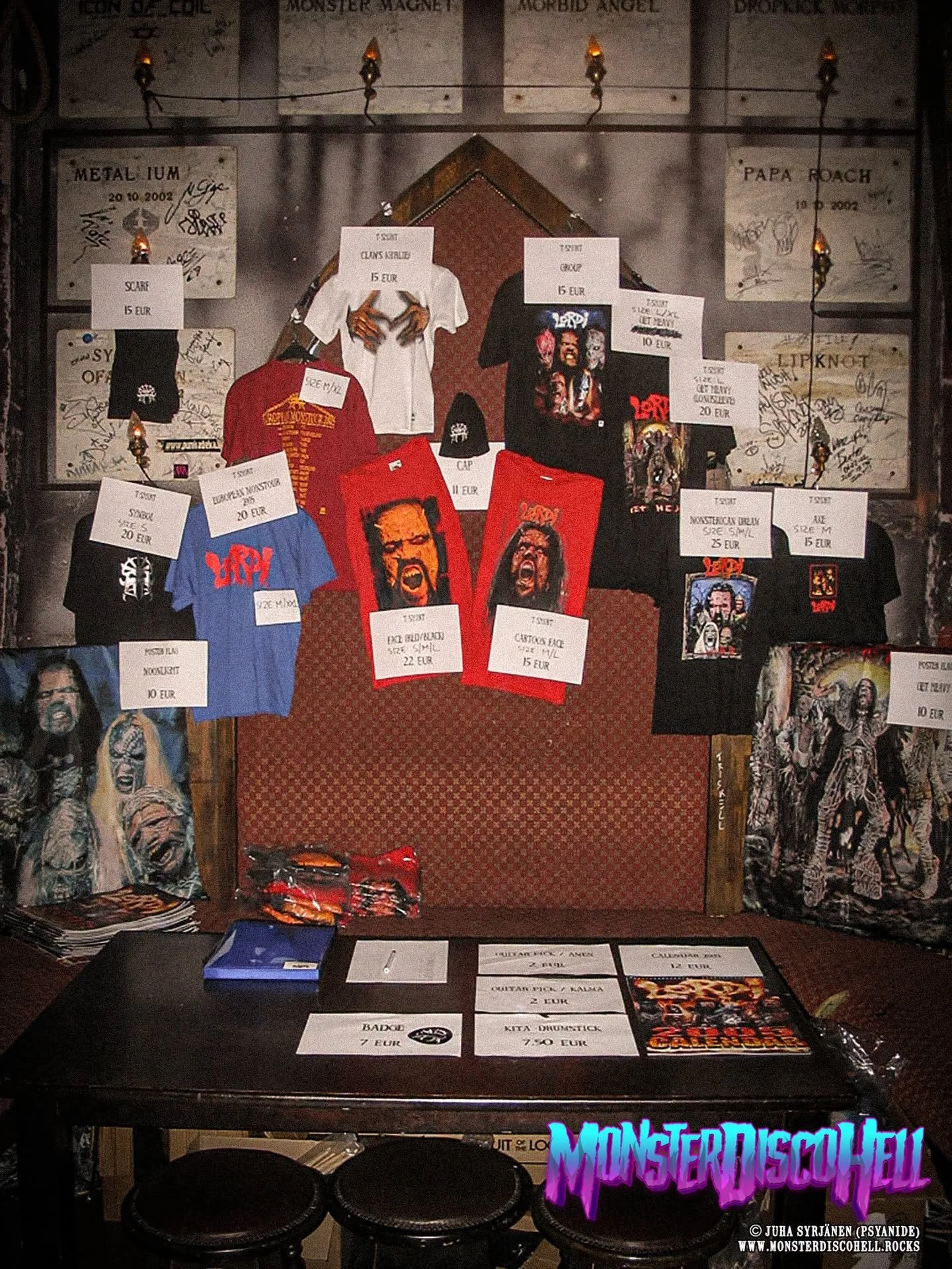 Sunday Sundries time, and this pic is heavy on the sundry side! Today, on April 19th 2005, exactly 21 years ago, Lordi played at Transilvania in Milan, Italy on the European Monstour 2005. I got to set up my merch booth in front of this cool shrine! 