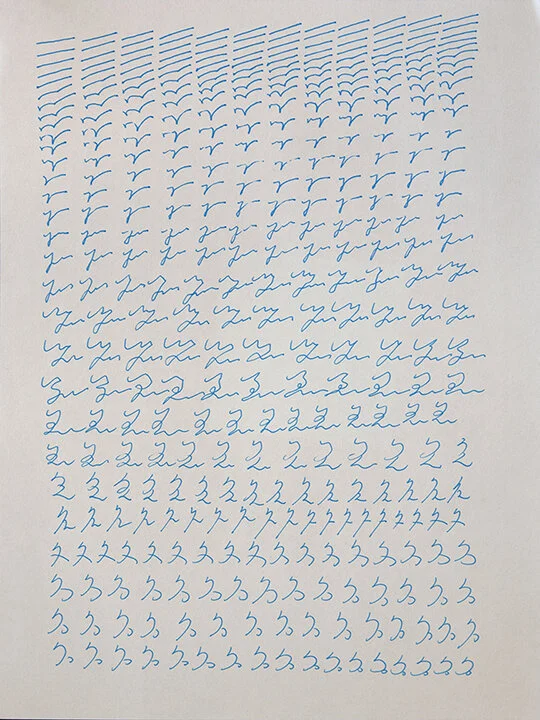 'Tactile history of mark-making', 9x12”

[I started out with one short line, paying attention to the tactile sensation on the hand when the pen moved on the paper.
Then I tried to draw a second line with a similar sensation.
I repeated the process.]
