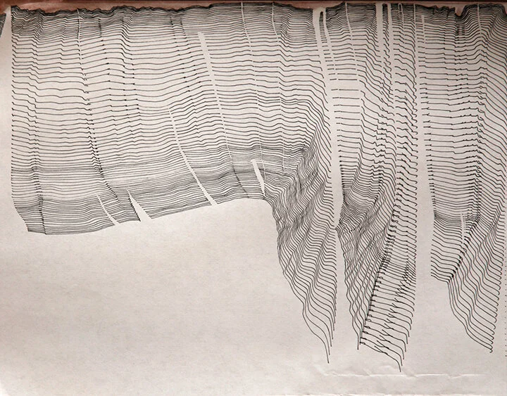 #1, pen and ink on paper, 11x8.5” [First in the series.  A stain was accidentally left on this page from a wash on the previous page.  I traced the edge and repetitively copied the line, including accidental variations.]