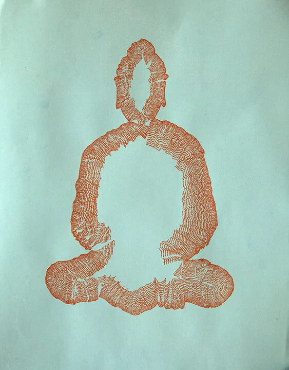 Draw a line and follow it inward (The Buddha in me), pen and ink on stock paper, 8.5x11”

[The replication process goes inward to produce this image. I stopped when a figure emerged inside the contour lines. Note the ‘tributary’ effect of the ink sli