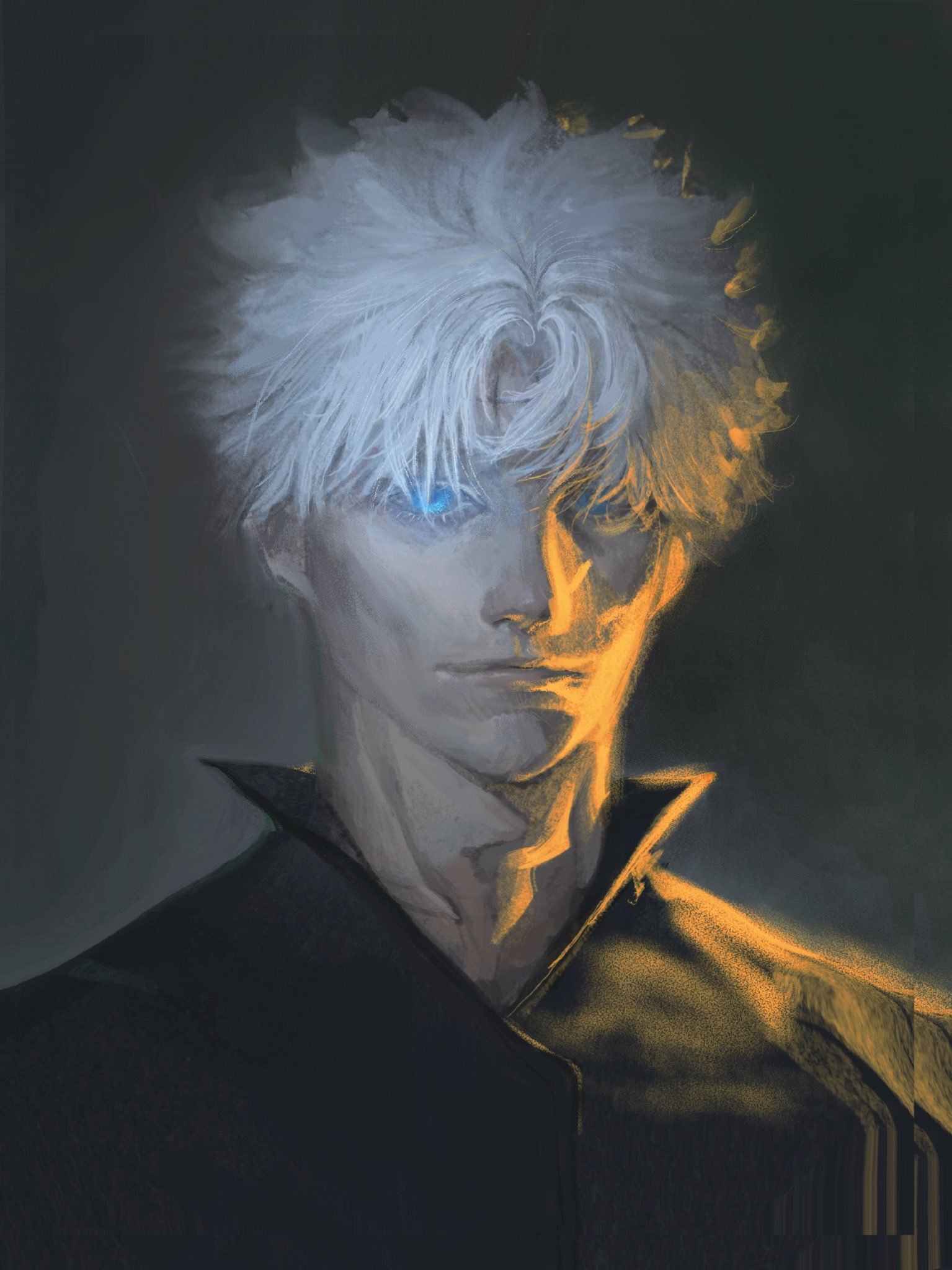 Digital painting of Gojo with pale skin and silver hair, glowing blue eye, wearing a dark high-collared jacket, with warm orange lighting on one side of his face.