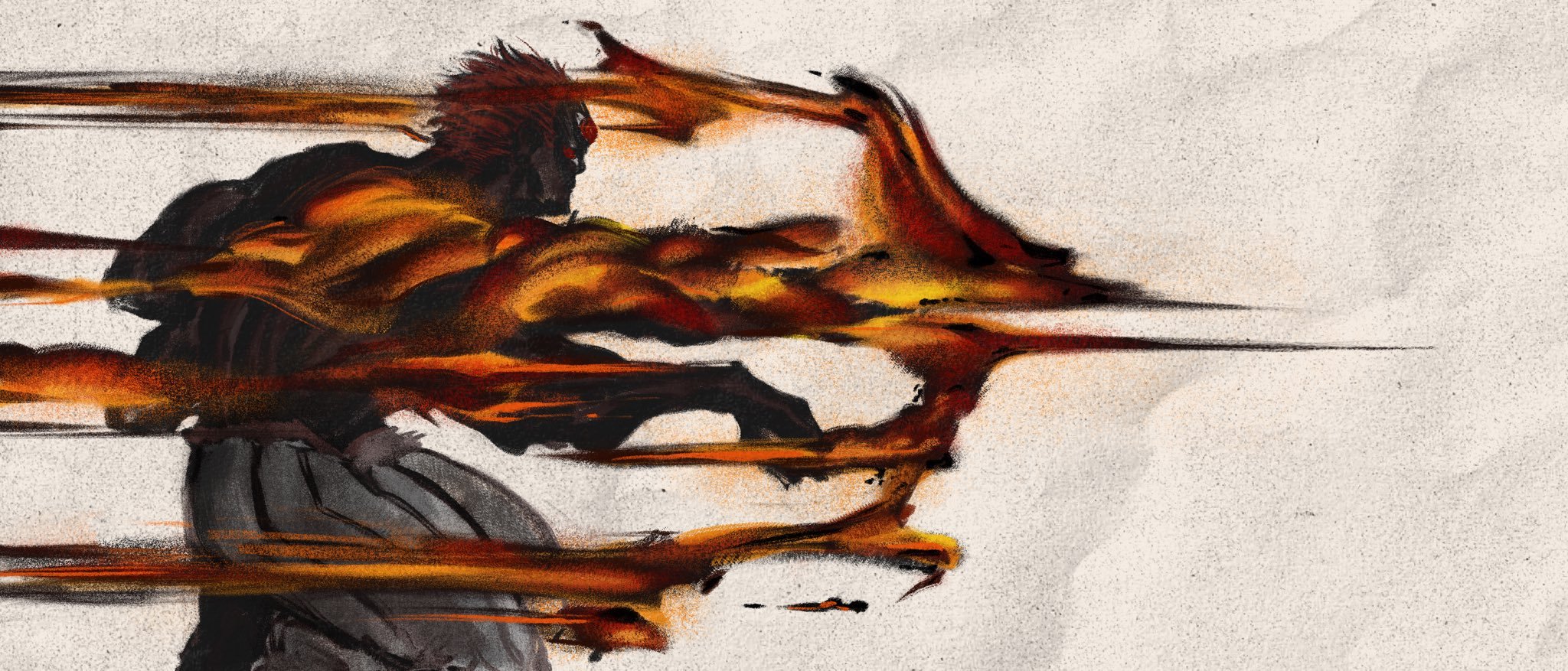 An artistic, abstract painting of a warrior wielding a fiery spear.
