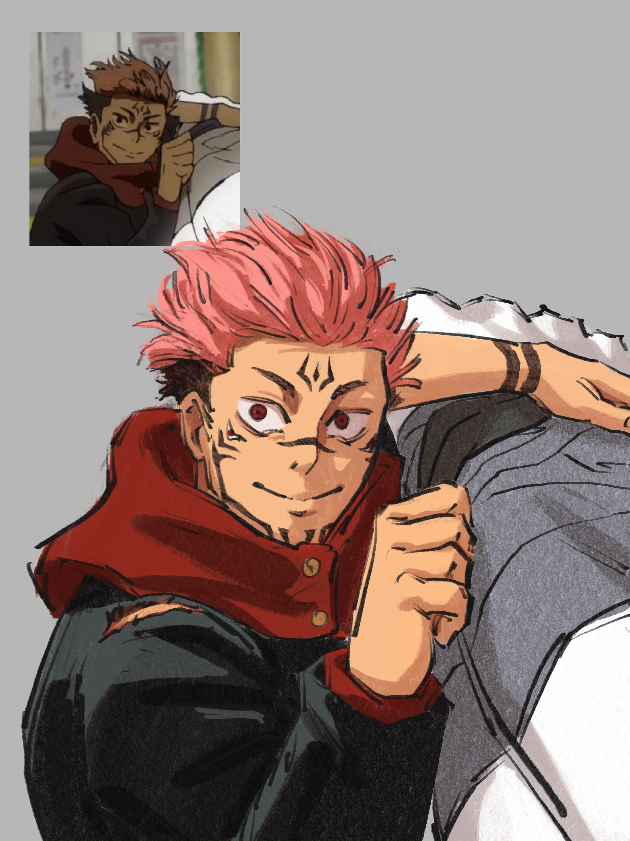 An illustration of Yuji spiky red hair, facial tattoos, and a confident expression, wearing a black and red jacket. There is a smaller  inset show the original anime frame that inspired the drawing
