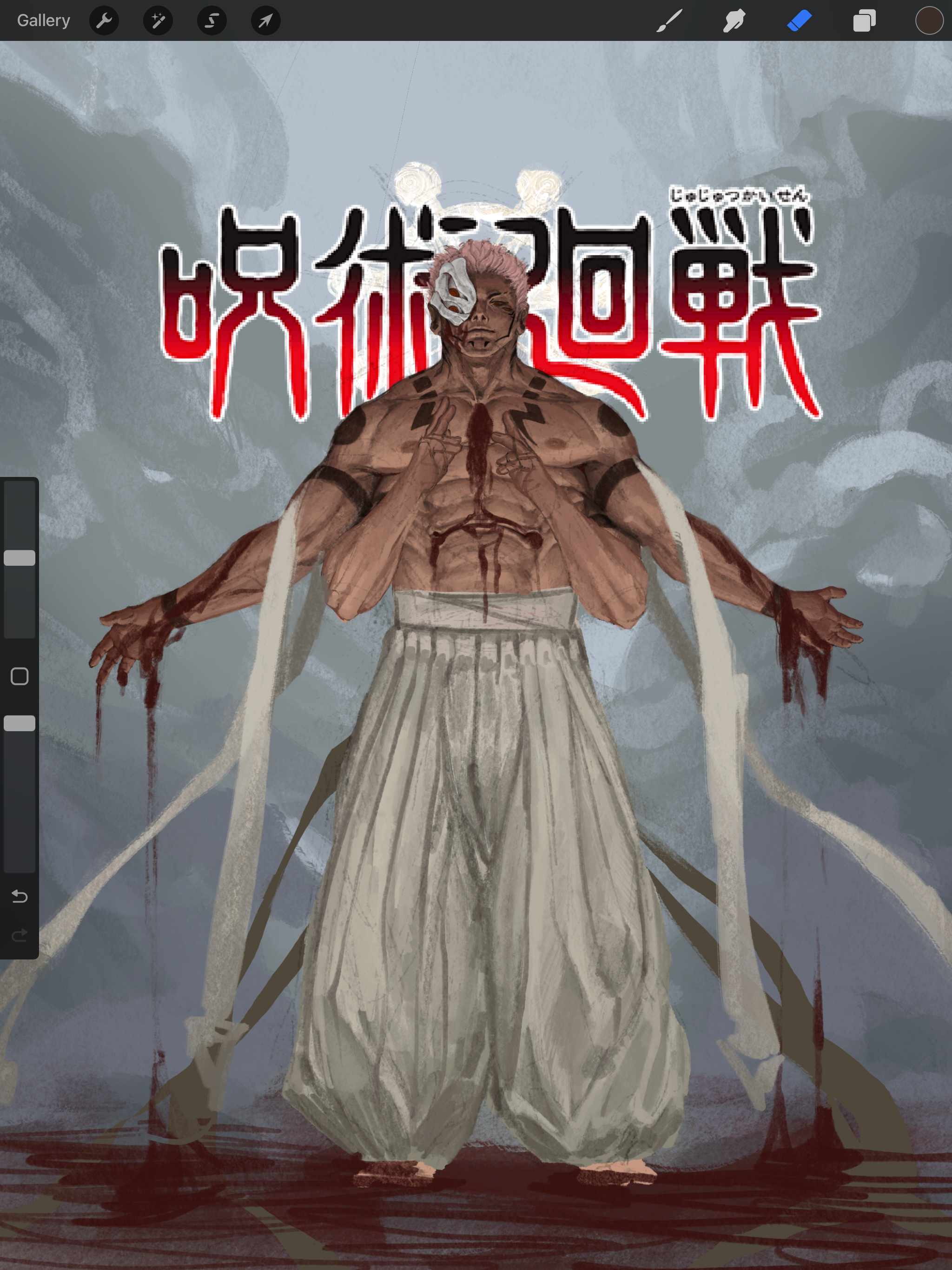 A muscular true-form Sukuna with a half-masked face, bloodstains, and long white fabric, standing with arms outstretched in front of dark clouds and the anime name in Japanese characters in red and black.