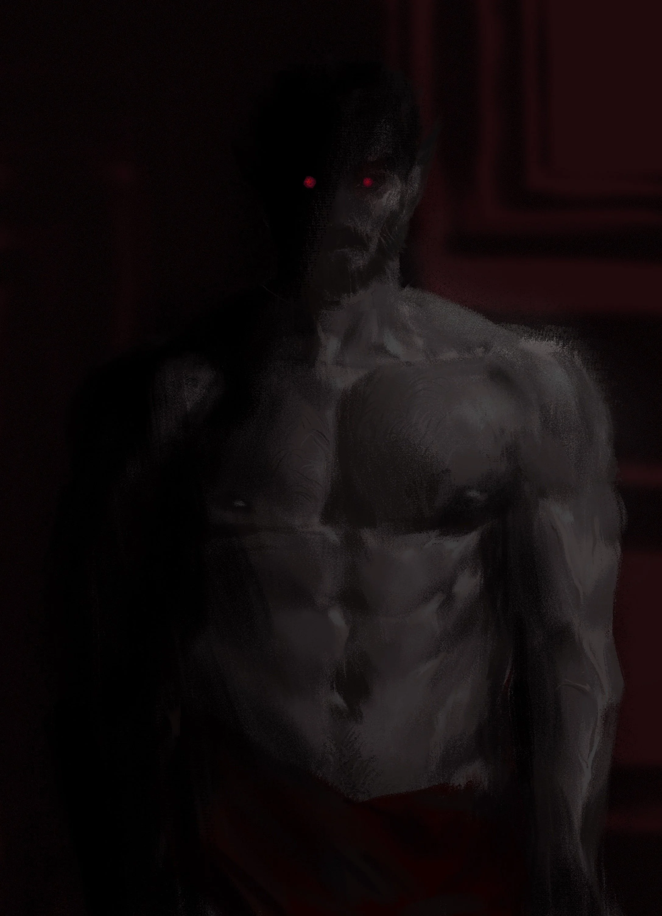 A dark, eerie image of a muscular humanoid creature with glowing red eyes, standing in a shadowy background from Castlevania tv show