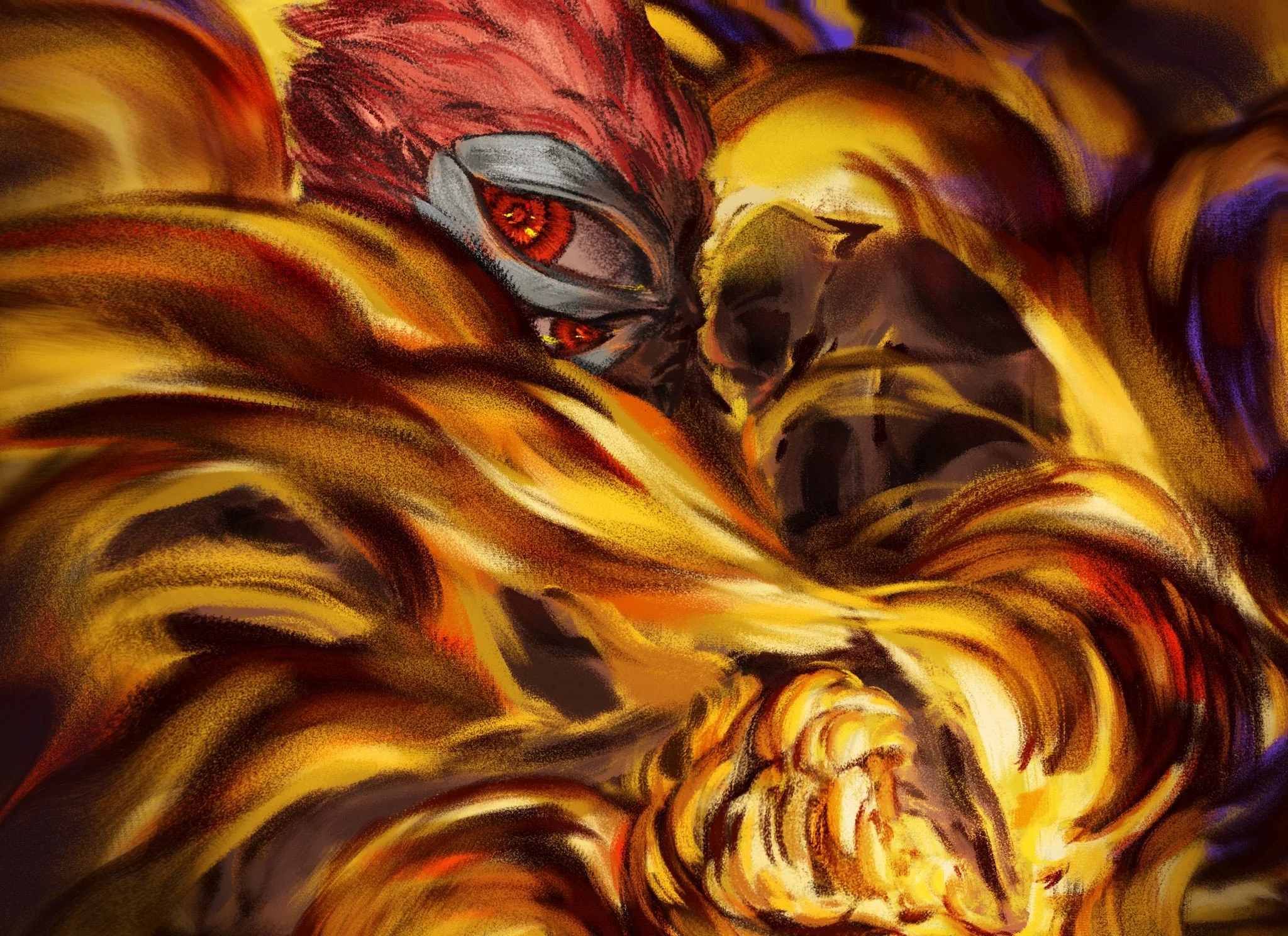 Abstract digital art depicting a fiery warrior with dark features surrounded by flames in shades of yellow, orange, and purple.
