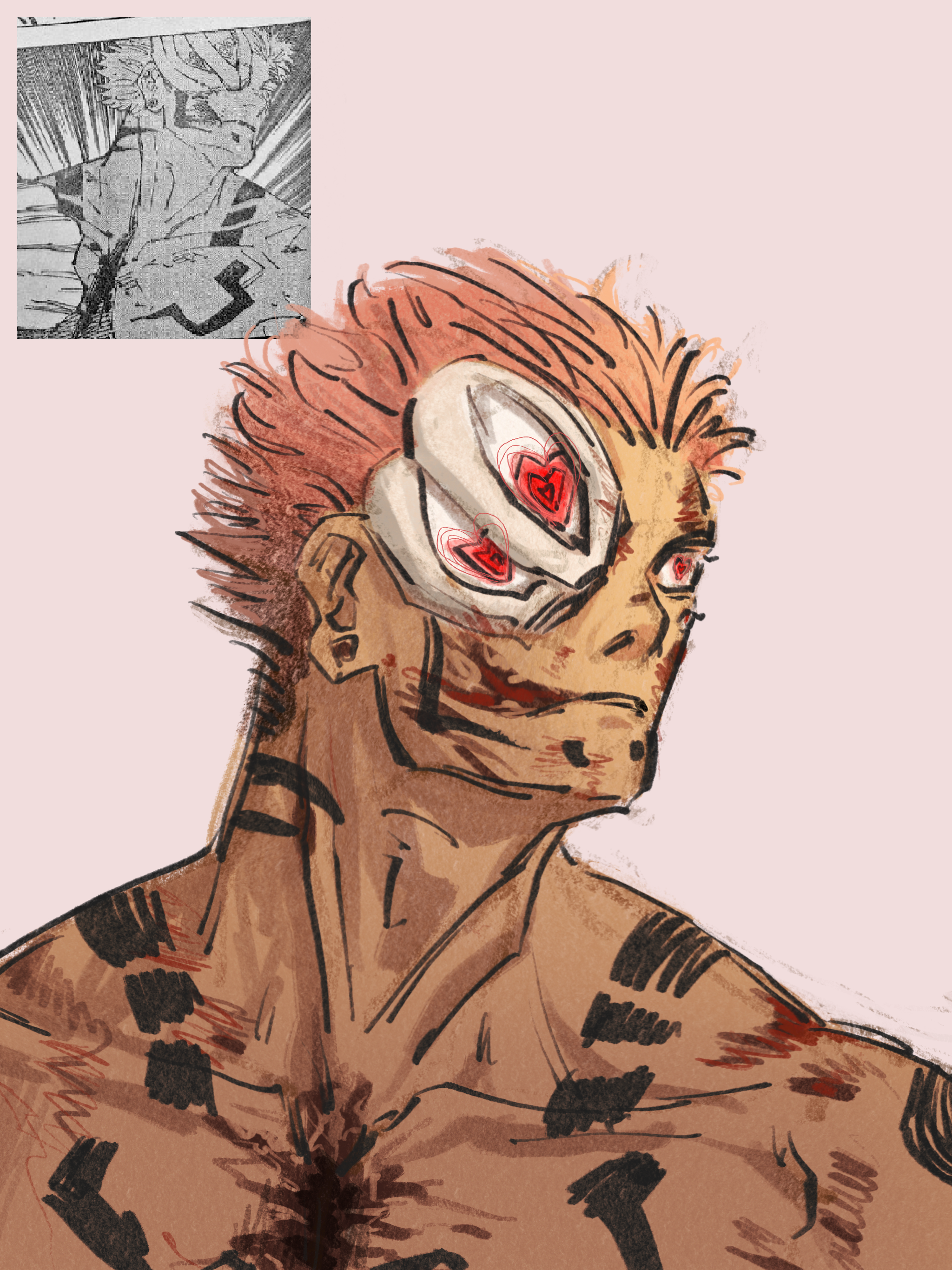 An illustration Sukuna, shirtless with red spiky hair and a white mask with red heart-shaped eyes, looking to the right. There is a smaller black-and-white inset show the original manga frame that inspired the drawing