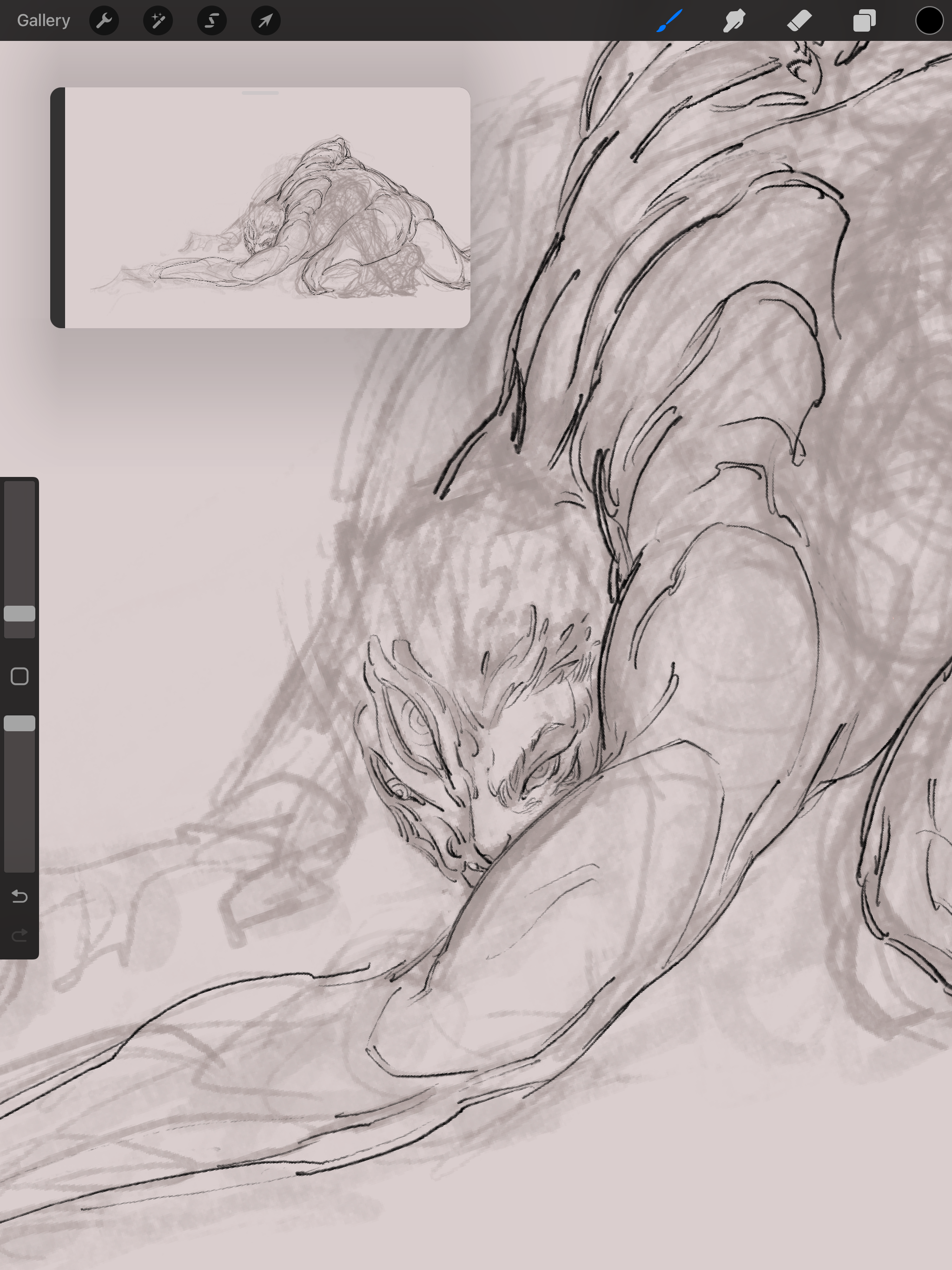 A digital sketch of a humanoid creature with animalistic features, lying on its stomach with an intense expression, detailed face, and muscular limbs.