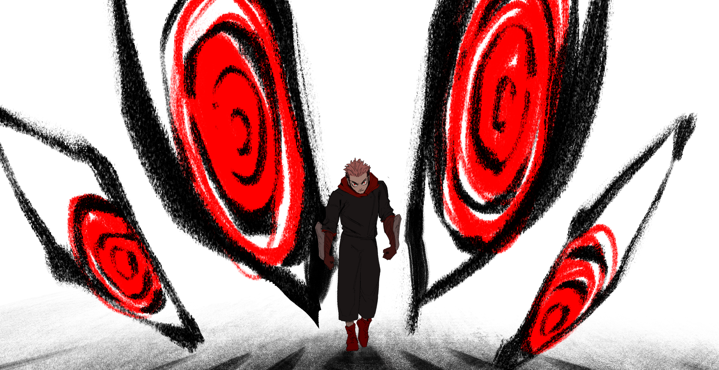 Yuji with short, spiky hair, wearing a black outfit with red accents, standing in front of large, swirling red and black patterns that resemble rose designs.