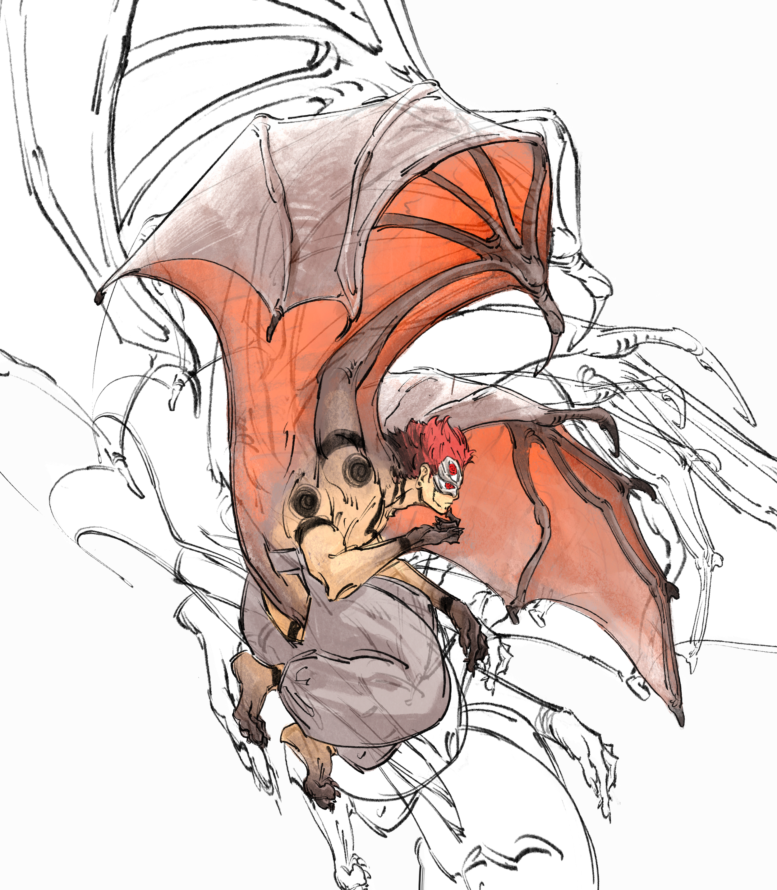 Sketch of a winged humanoid character with red hair and a mask, sitting on a creature with bat-like wings and a tail, surrounded by extra sketch lines 