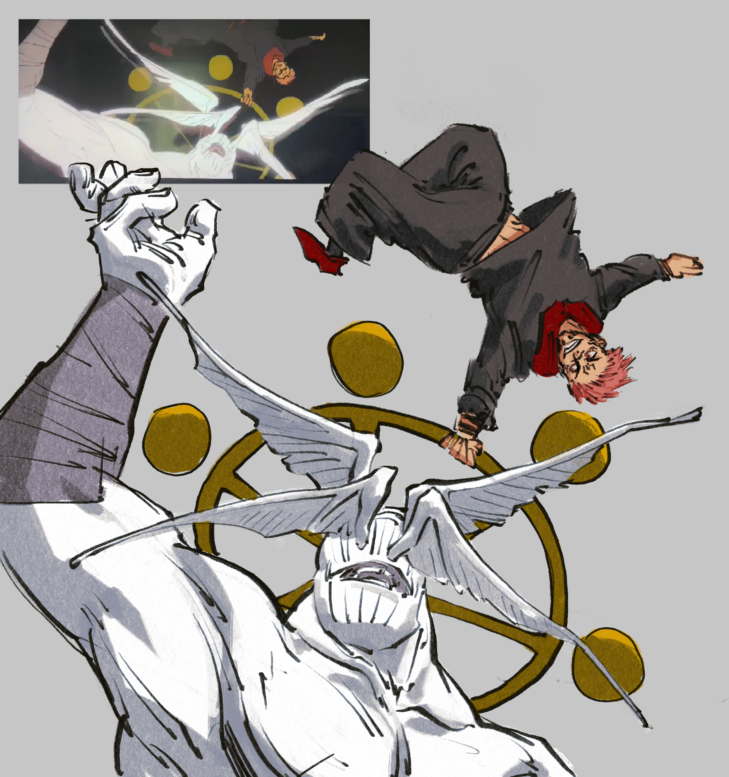 A dramatic scene with Mahoraga and Sukuna battling. There is a smaller  inset show the original anime frame that inspired the drawing