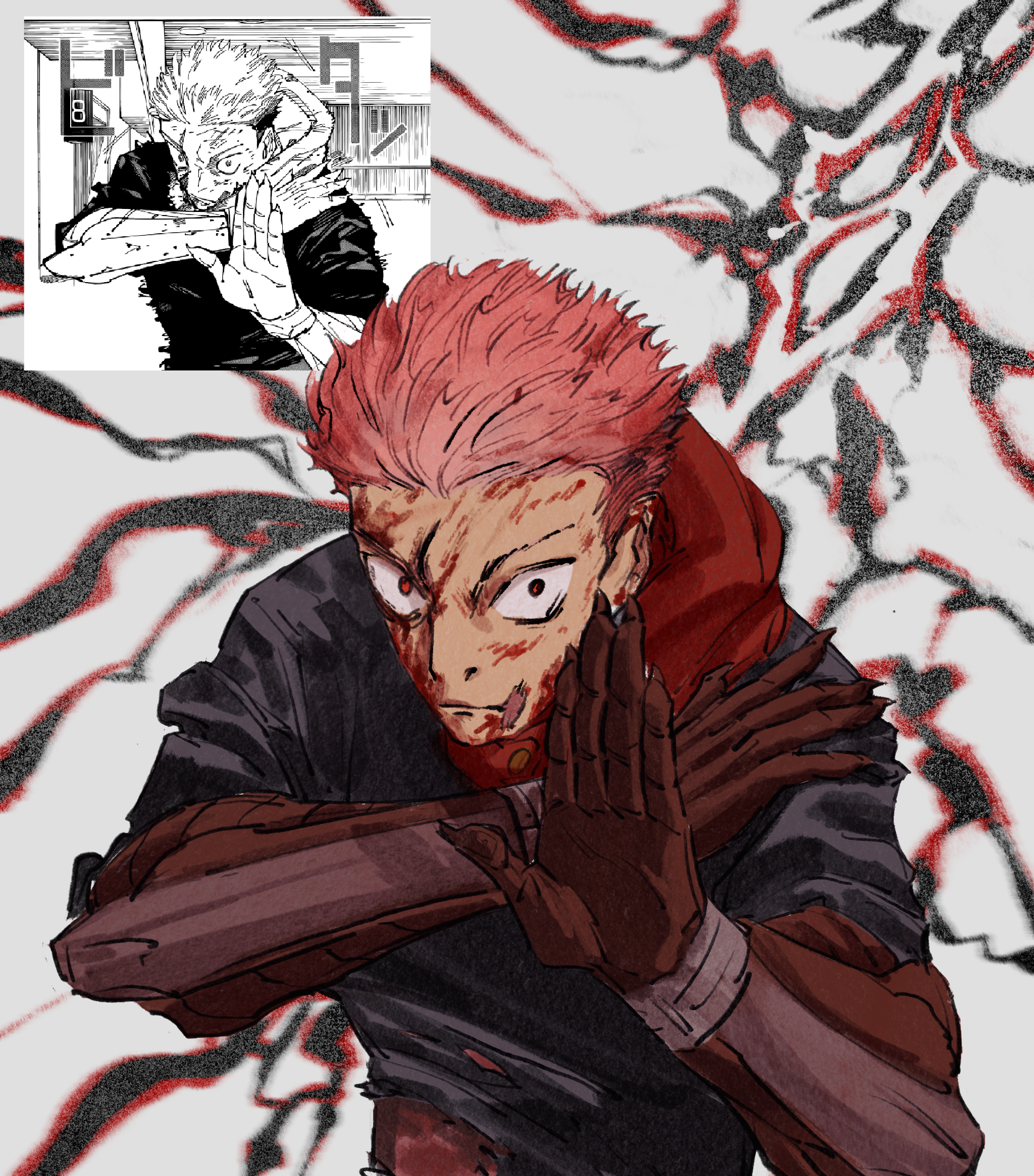 An anime-style drawing of a Yuji with spiky red hair, intense eyes, and a determined expression, surrounded by black and red lightning. There is a smaller black-and-white inset show the original manga frame that inspired the drawing