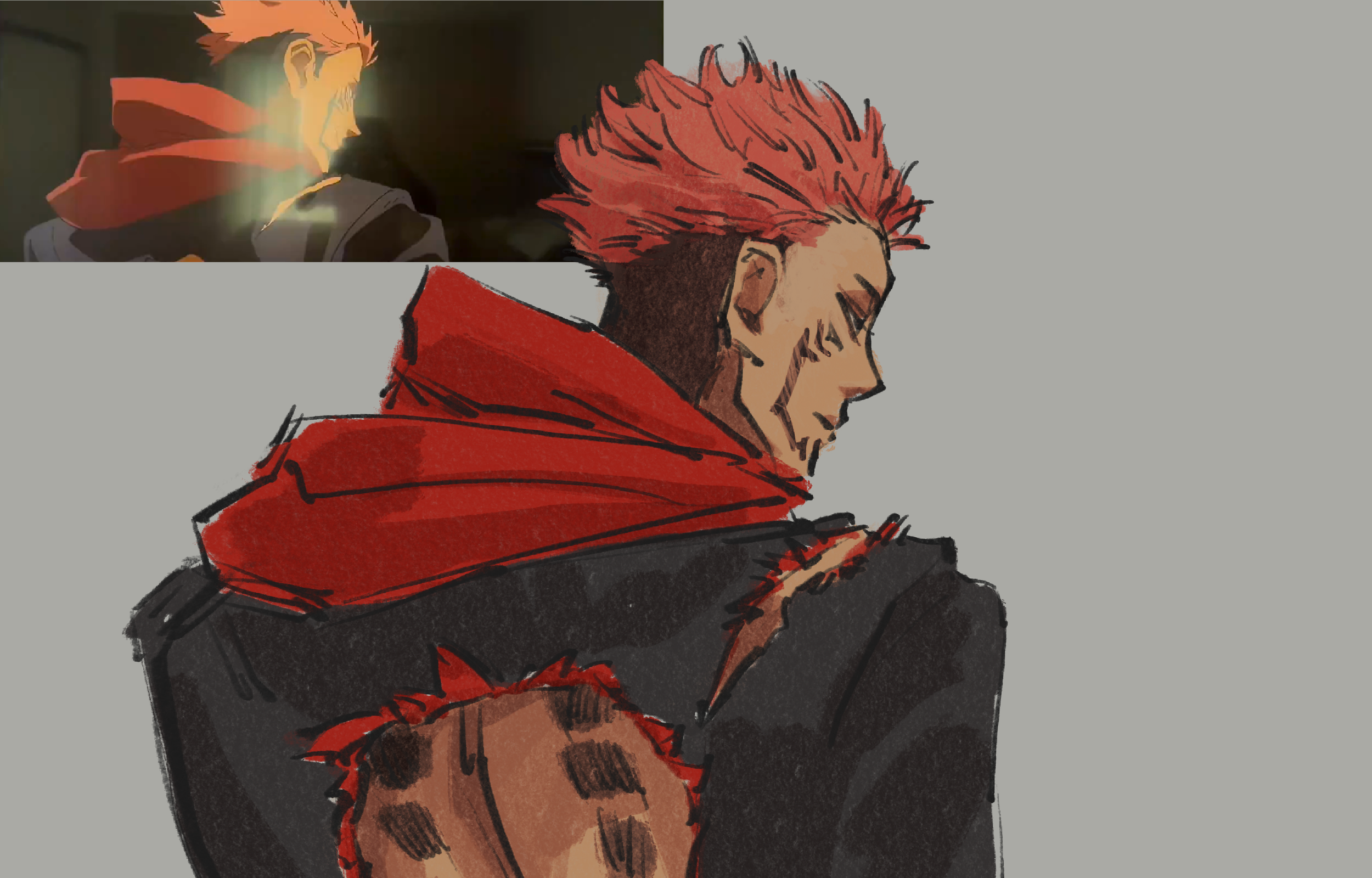 A digital drawing of Yuji with spiky red hair and a red hoodie, viewed from the back and side, smiling with closed eyes against a plain gray background. There is a smaller  inset show the original anime frame that inspired the drawing