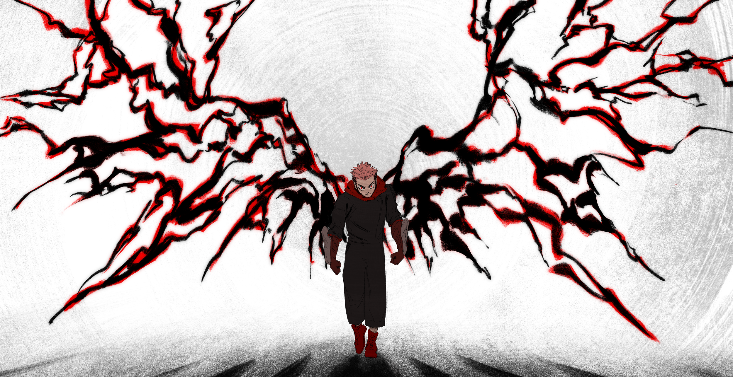 Yuji  walking forward with dark wings with red and black lightning effects showing Black Flash behind him.