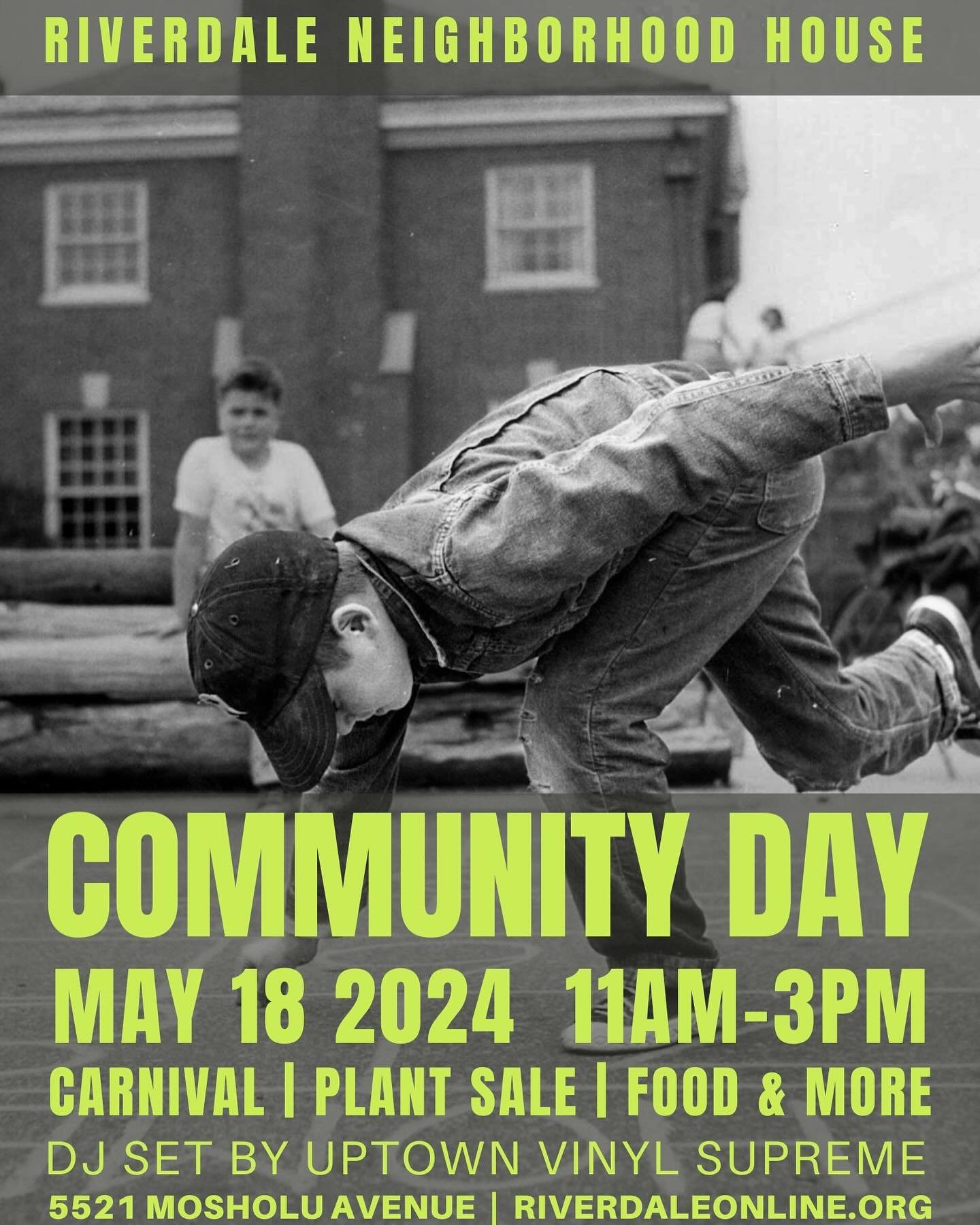 The countdown begins to our 2024 Community Day. 🎉

Join us on May 18th from 11am to 3pm for an afternoon celebrating our vibrant community. 

We will have a carnival for kids, a live dj set by @uptownvinylsupreme, arts and collaging with @bronxcommu