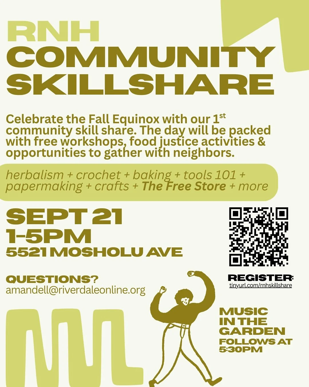 Celebrate the Fall Equinox at RNH with our first Skillshare followed by Music in the Garden. 

Neighbors Teaching Neighbors: An RNH Skillshare will include 6 workshops from medicinal plant walks to papermaking and crocheting, as well as food justice 