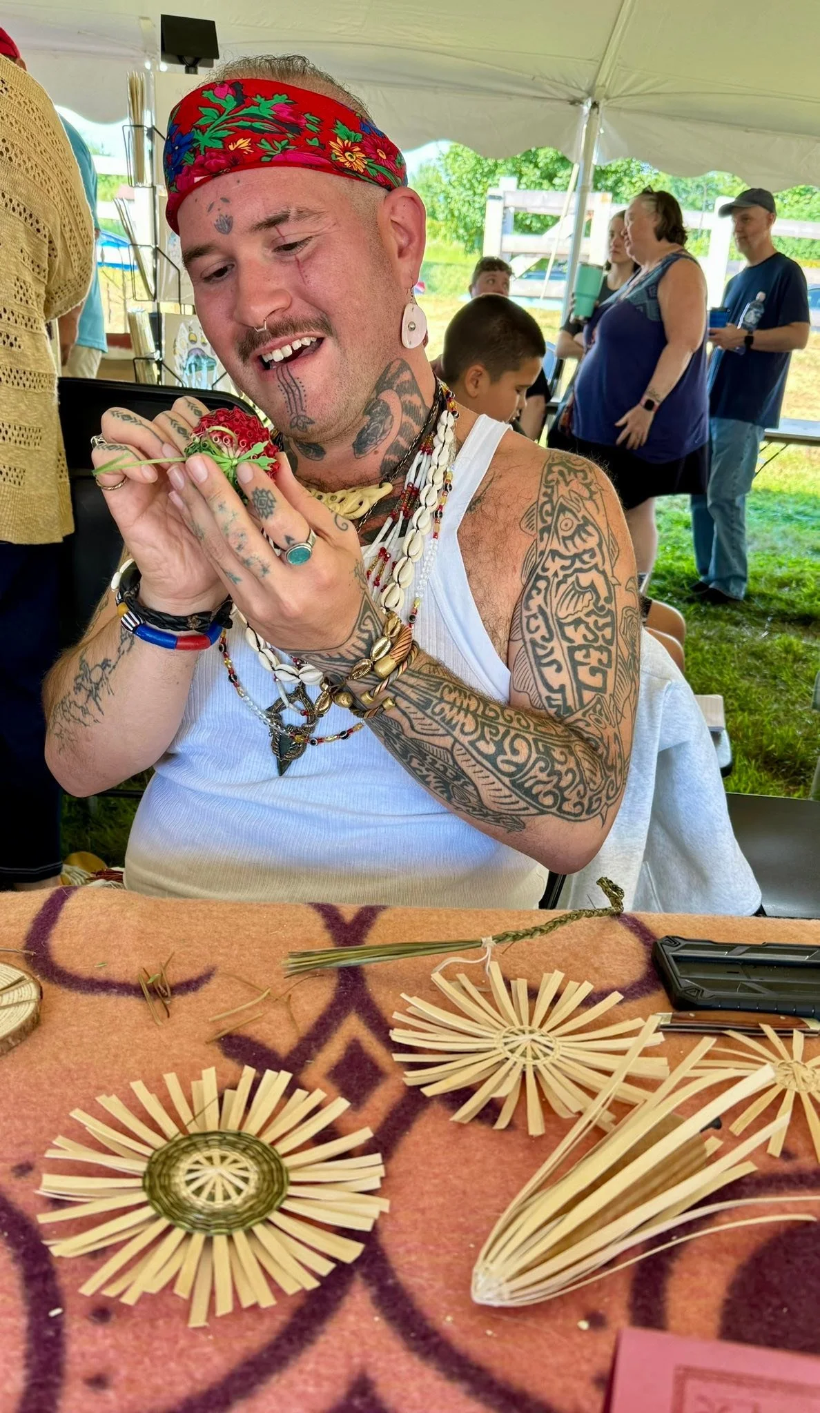 I visited the Wabanaki Arts Market at Shaker Village. How generous is this culture to share anything with the public. 

I felt drawn to Geo&rsquo;s table. Then I realized why- I said hey, did I see you on Netflix? And Geo said Yep, you sure did! This