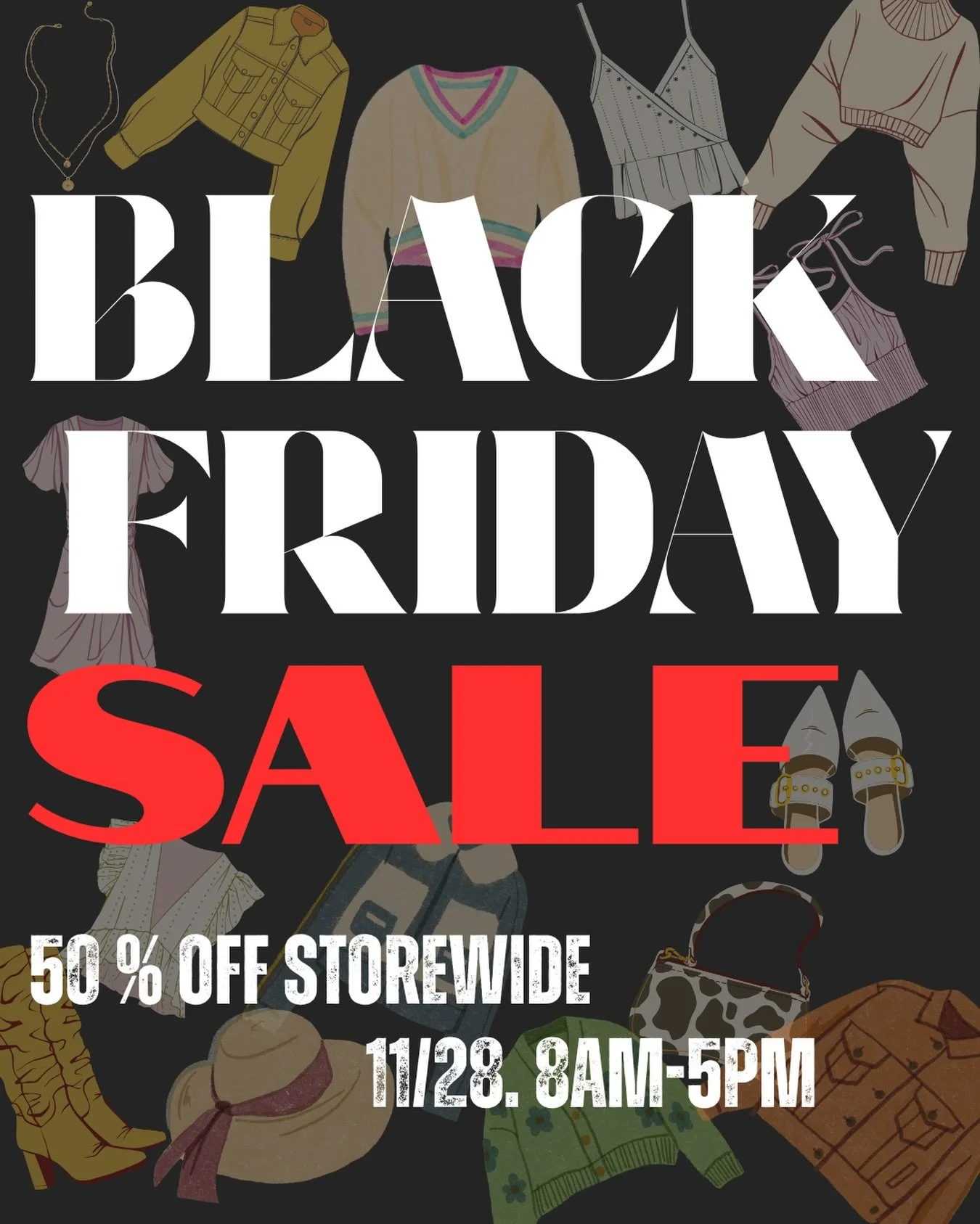Y&rsquo;all it is here! One of the biggest sales of the year happening at Launch this Friday! 50% off STOREWIDE for Black Friday! Get here early because doors open at 8AM. Store will be closing at 5pm ! See you there :))

#blackfridaysale #deals #sho
