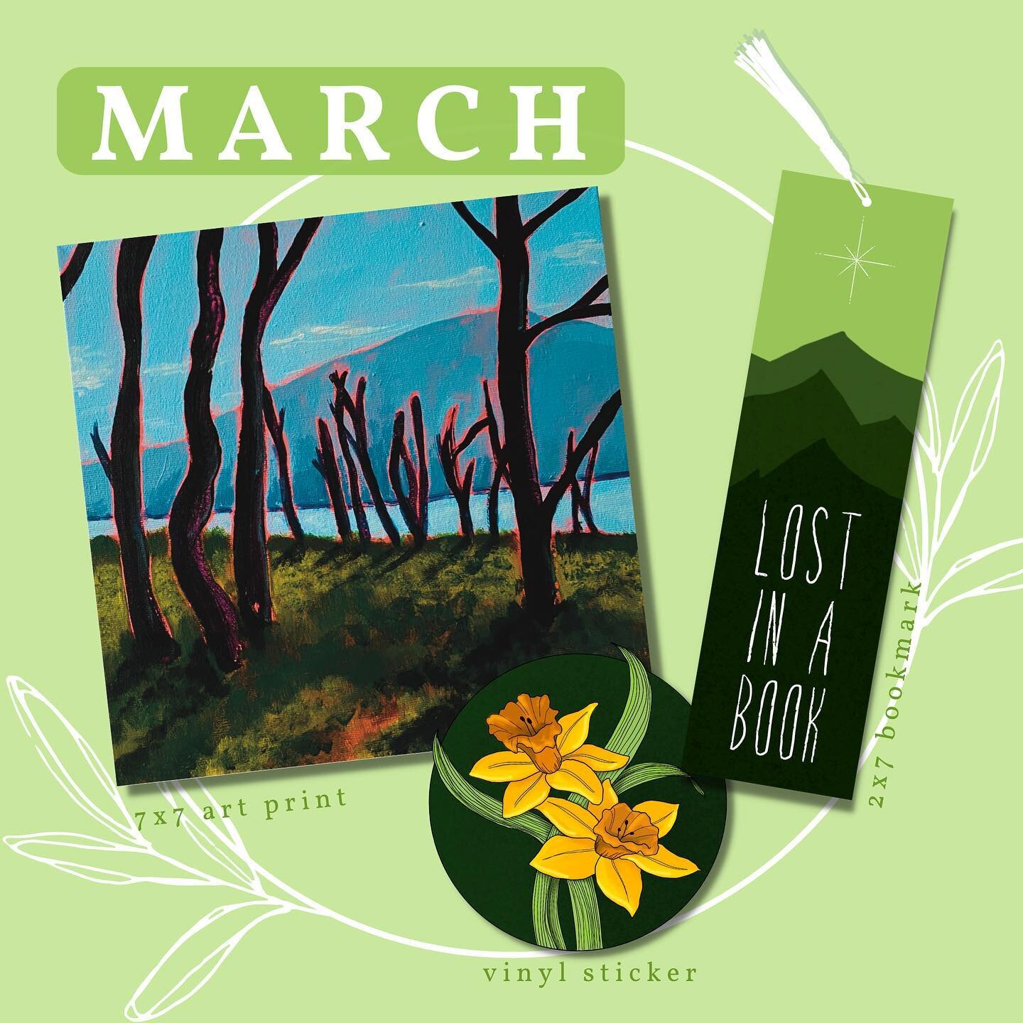 March is here! Hopefully that means spring will be here soon 🤞Here are the items for the this month&rsquo;s segment of my 12x23 project 💐

The March bundle includes: 

✨ 7x7 Waterton Lake Print 🏞️
✨ 2x7 bookmark 🔖 
✨ and a Daffodil sticker 🌼

Th