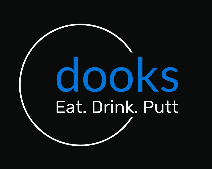 Logo for Dooks featuring the text "Eat. Drink. Putt" on a black background with blue and white text, and a partial white circle outline.