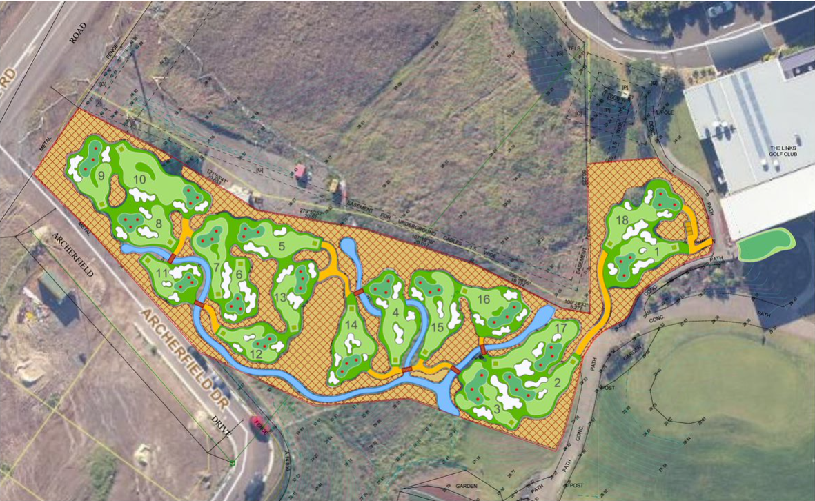 A detailed plan for a golf course with numbered holes, water features, trees, and surrounding streets.