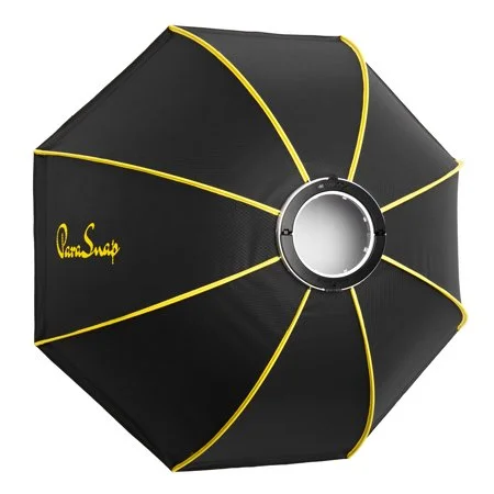 A black and yellow octagonal umbrella on a white background, designed as a Glow ParaSnap 44" softbox for photography.