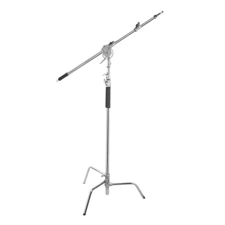 A microphone stand positioned upright against a plain white background.