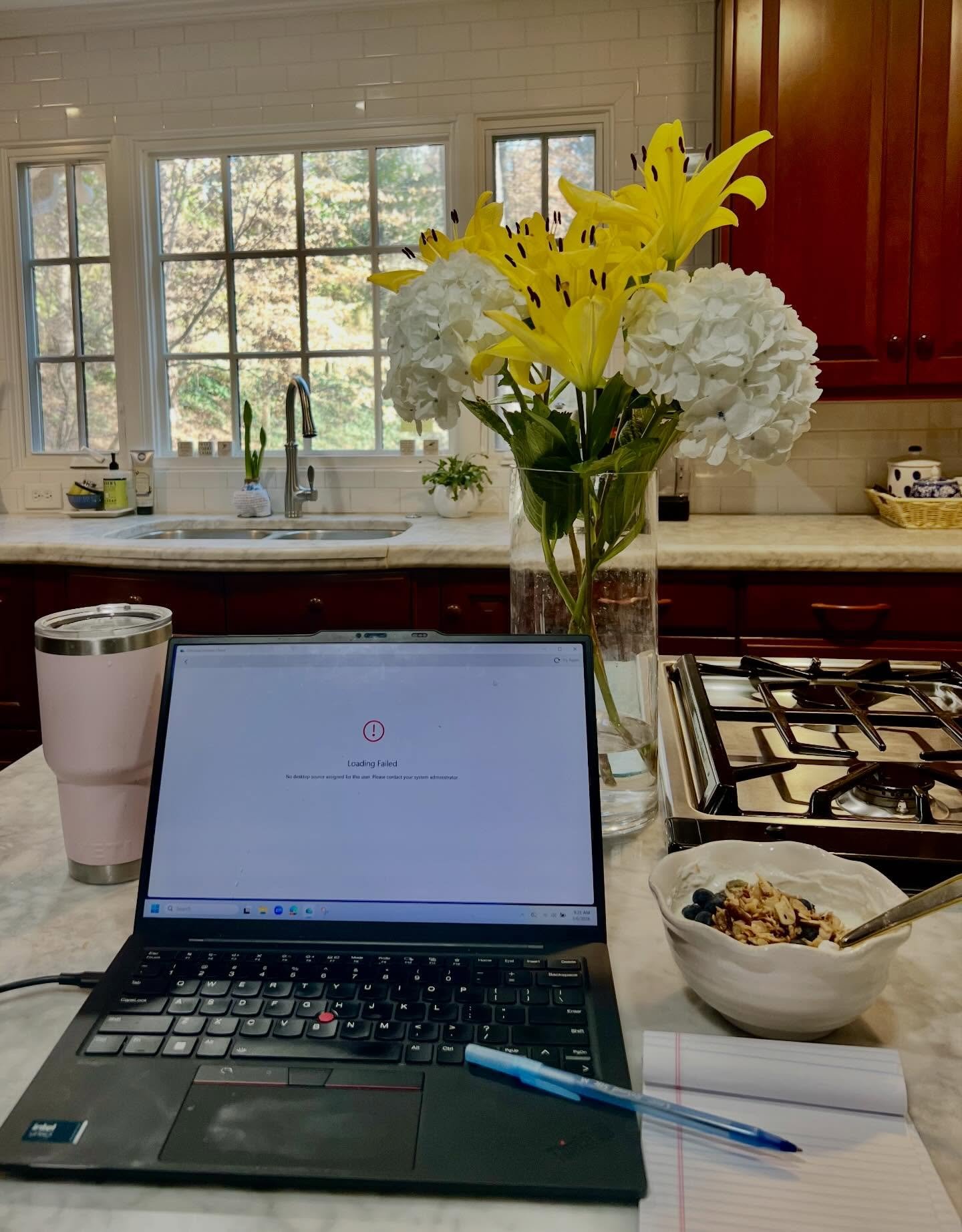 Welcome to my office on this beautiful Friday morning.

This may sound ridiculous but have you ever thought what a luxury a laptop can be? I mean, you can pick it up and move it anywhere. Unfortunately mine began with me in the bed early this morning