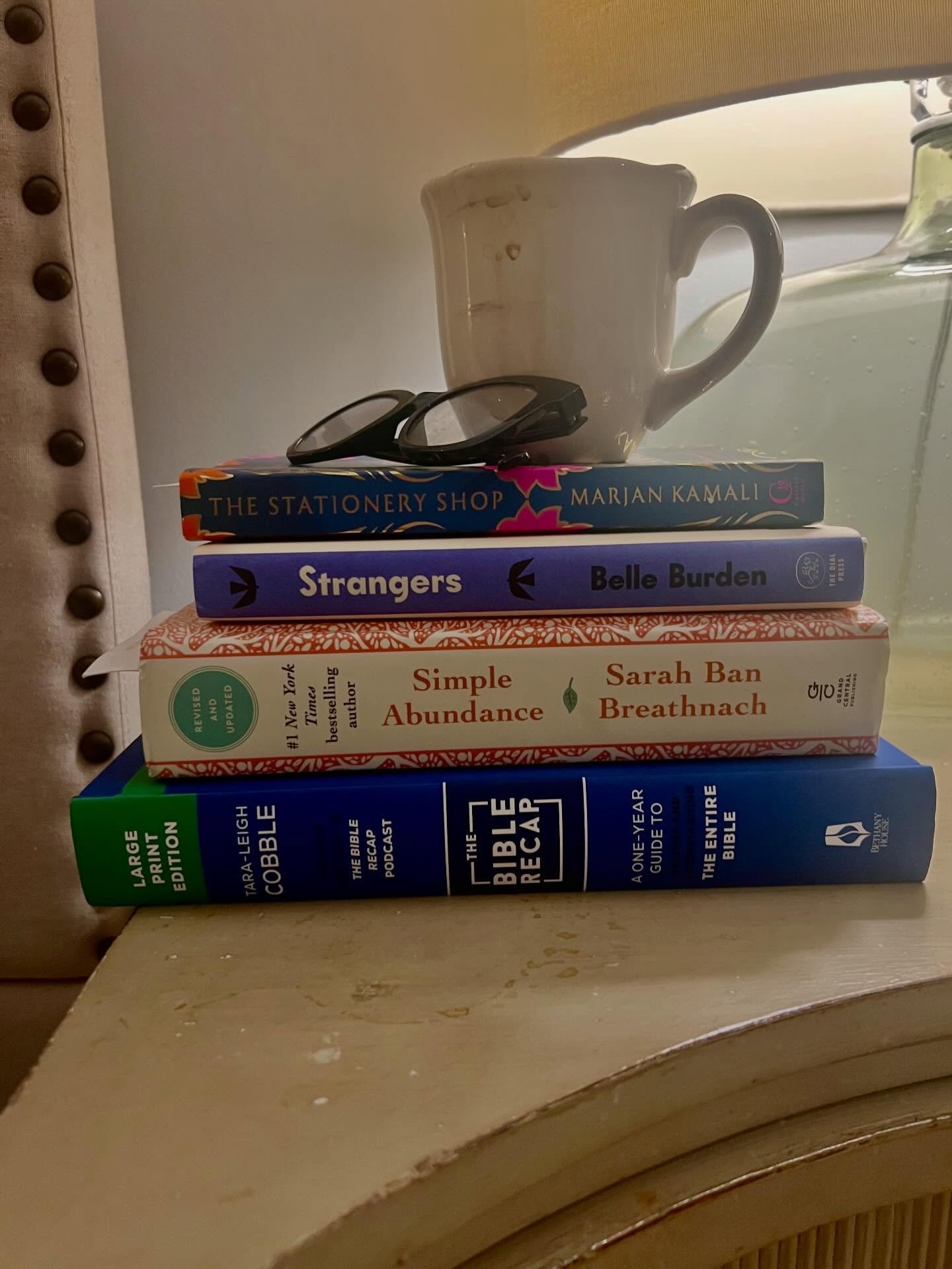 My current &ldquo;stack&rdquo;.

I always have more than one book going, typically a fiction, a memoir/non-fiction/growth, and devotional book.

All of these were recommendations. I&rsquo;m loving this Bible Recap that my son thought was a textbook w