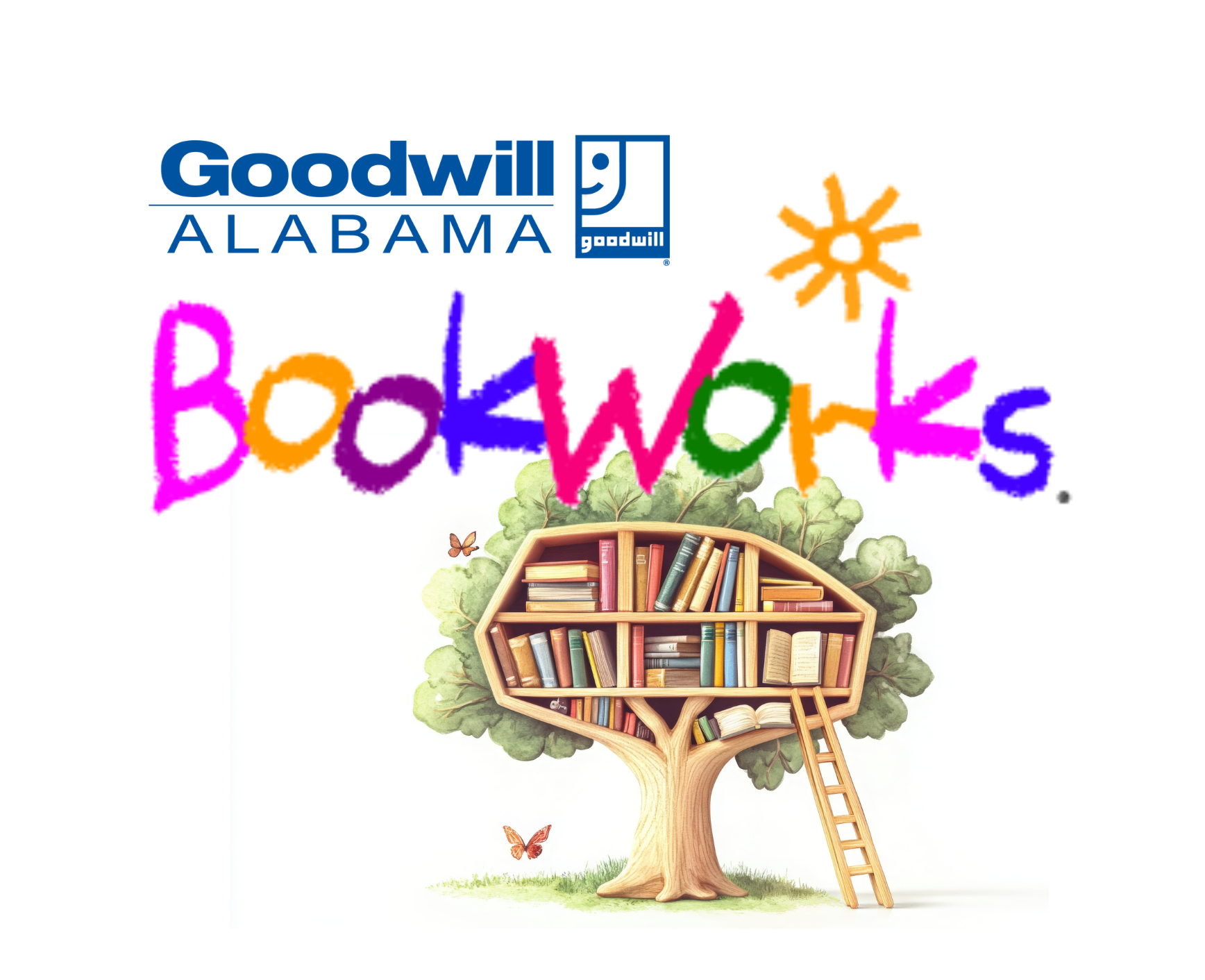 Bookwords logo of treehouse with butterflies and bookshelf