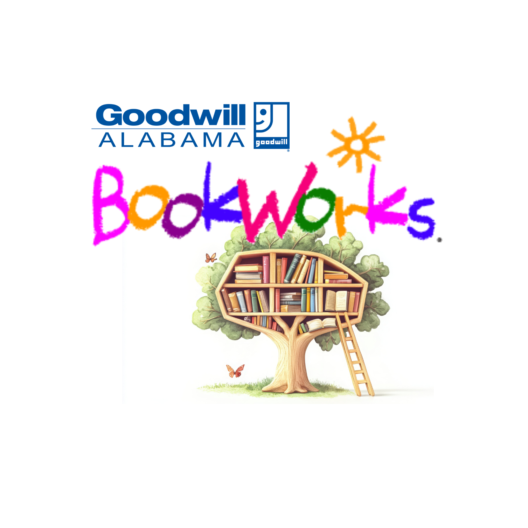 BookWorks logo colorful crayon drawing with bookshelf