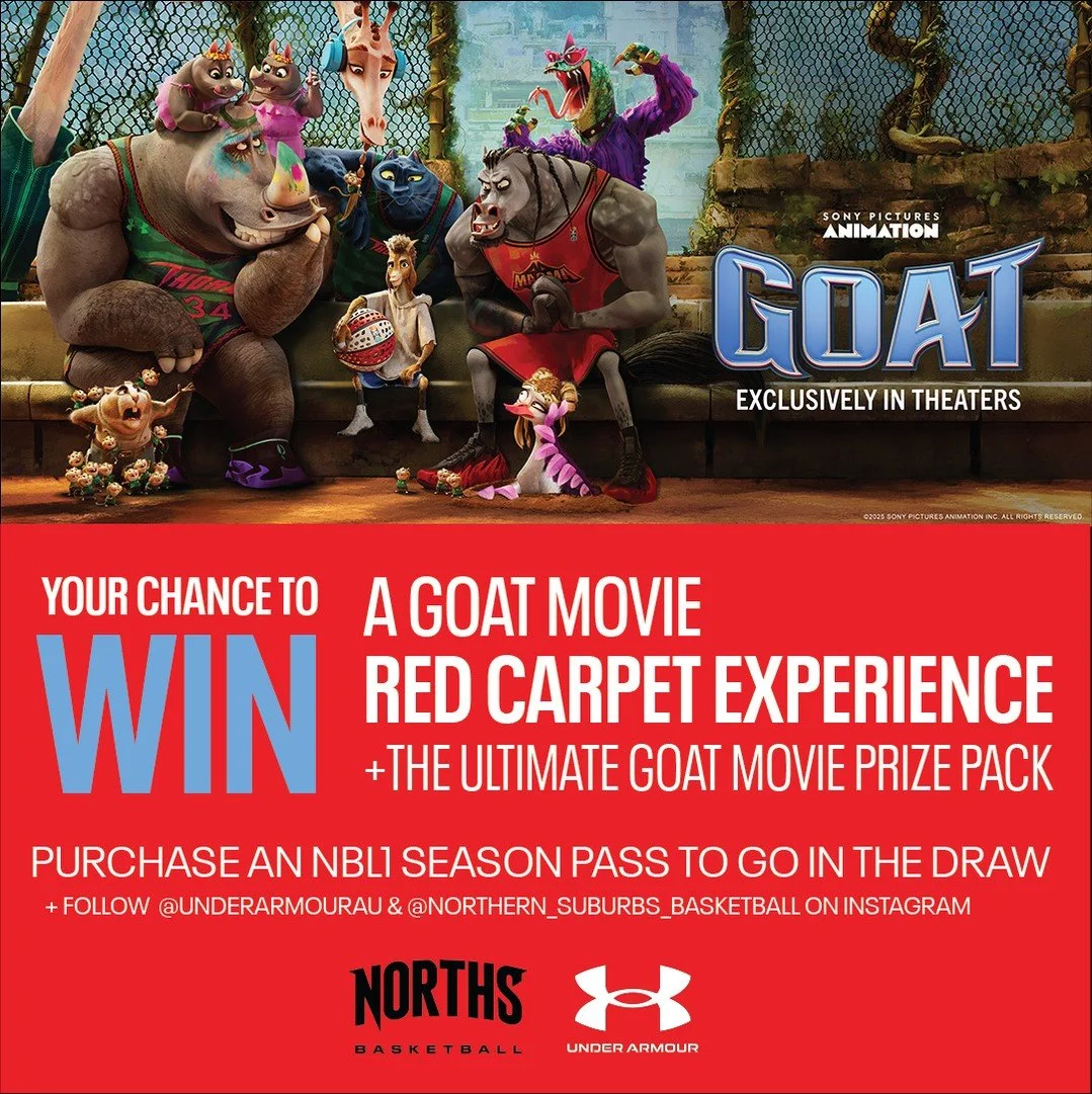 💥 WIN WITH NORTHS x UA! 💥⁠
⁠
Buy a season pass or box seats this week and go in the draw to win:⁠
🏀 Double pass to the Curry GOAT Premier (March 7th).⁠
👟 2x pairs of Curry 13s from the GOAT range.⁠
🎬 GOAT movie merch pack.⁠
⁠
Grab your pass now 