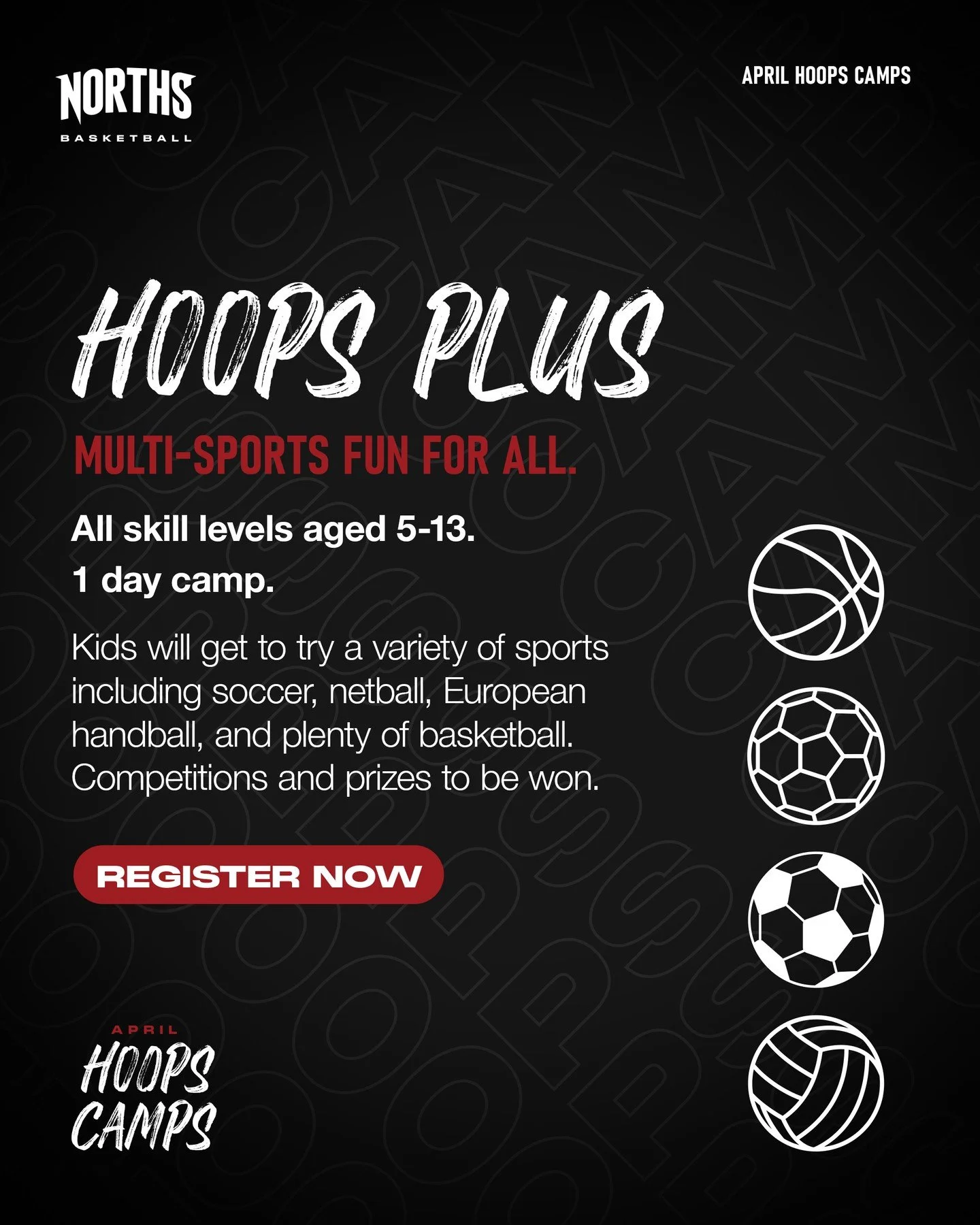 Keep them active during April school holidays! 🙌⁠
⁠
Hoops Plus by Norths Basketball is back for the April school holidays &mdash; a multi-sport camp for kids aged 5&ndash;13, all skill levels welcome.⁠
⁠
Register via the link in our bio! ⁠
⁠
#nsba #
