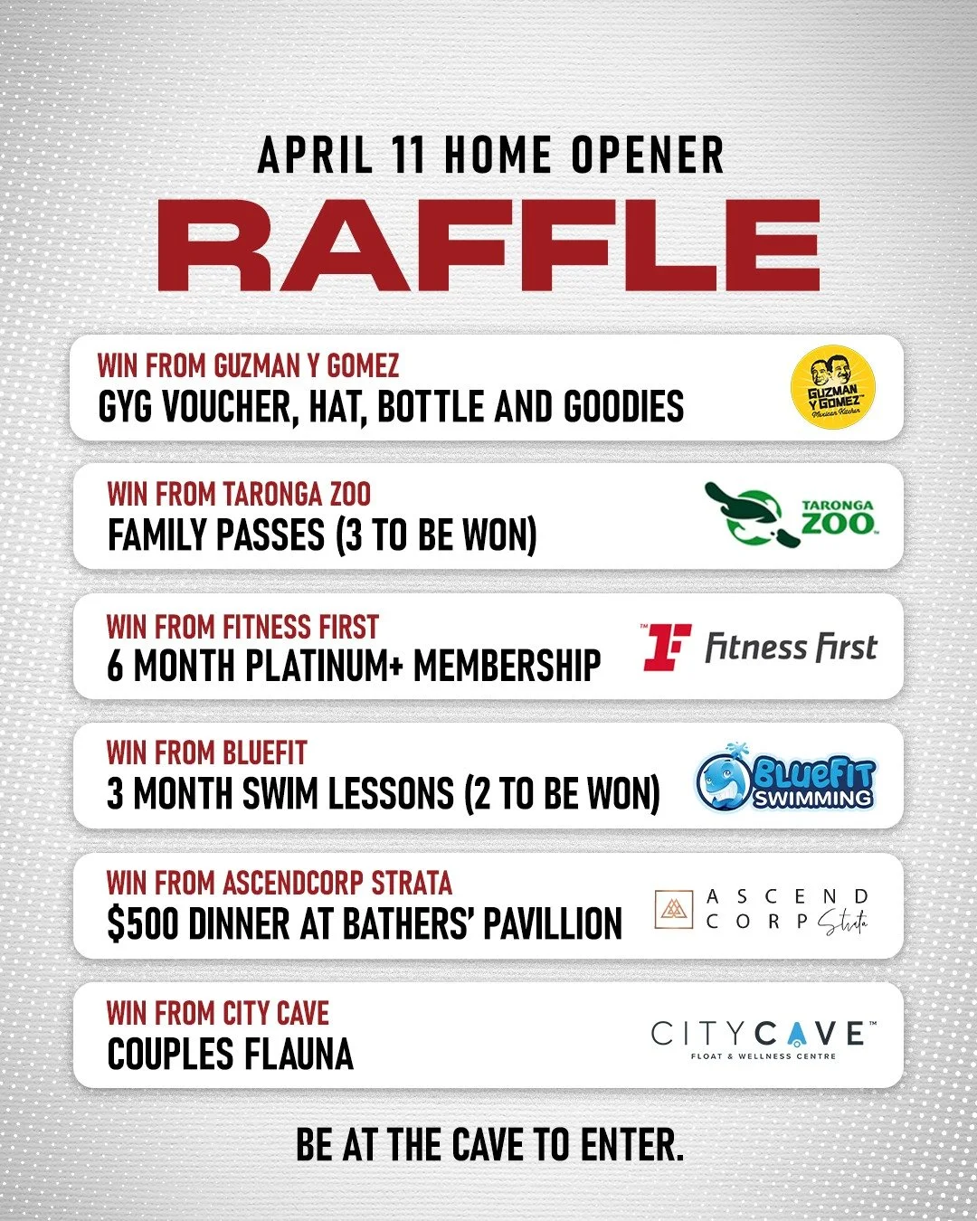 It's Raffle Time at The Bear Cave! 🐻🎉

To all our fans visiting The Cave tomorrow: 

- Get your free raffle ticket on entry,
- Purchase extra tickets for extra chances to win, 
- Be present in the stadium during the home opener (tip off at 5PM for 