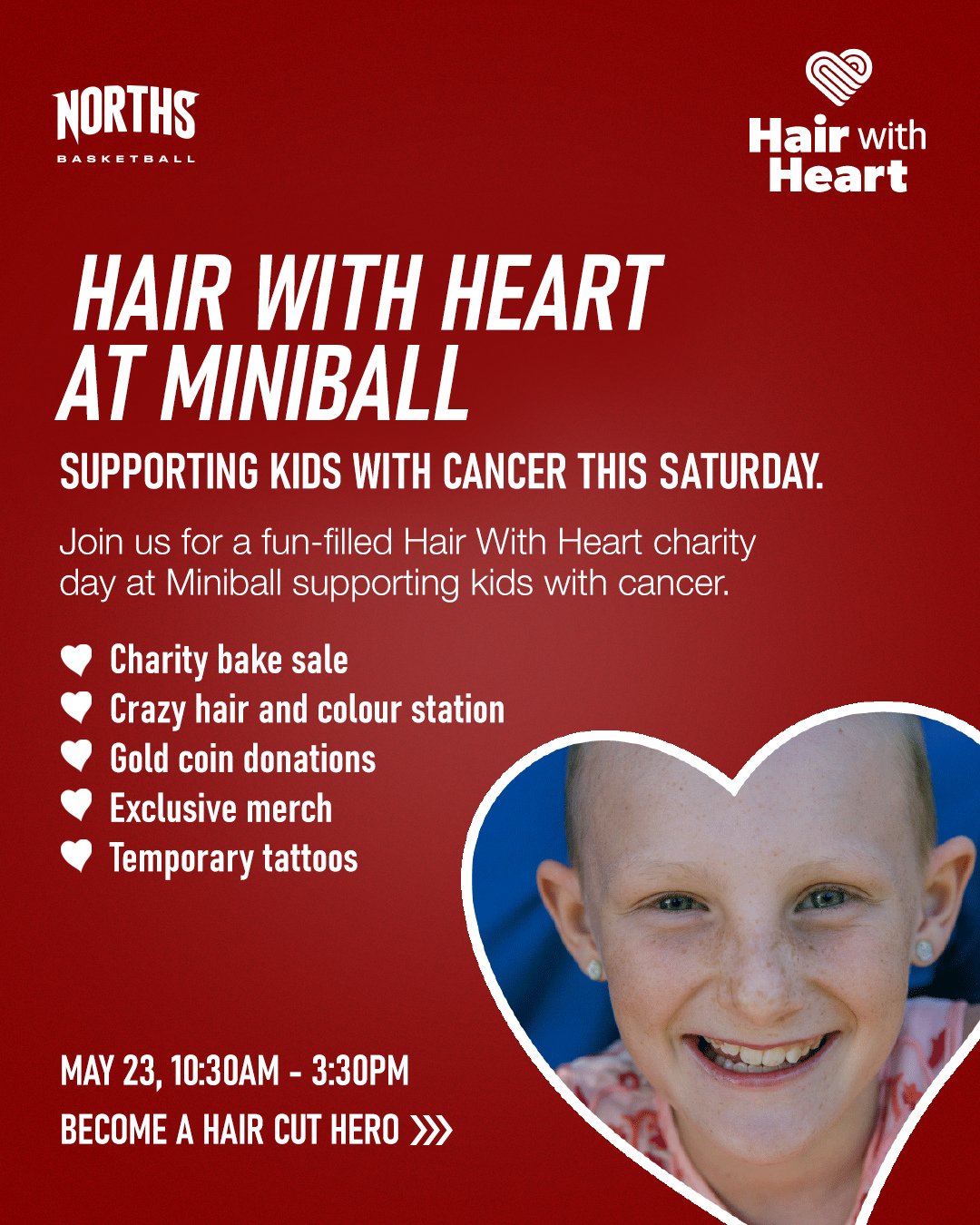This Saturday at Miniball, the Norths community are going beyond the court. Partnering with @hairwithheart, we are supporting kids with cancer, and we'd love for you to be part of it.⁠
⁠
We&rsquo;re inviting all Miniball teams to wear crazy hair for 