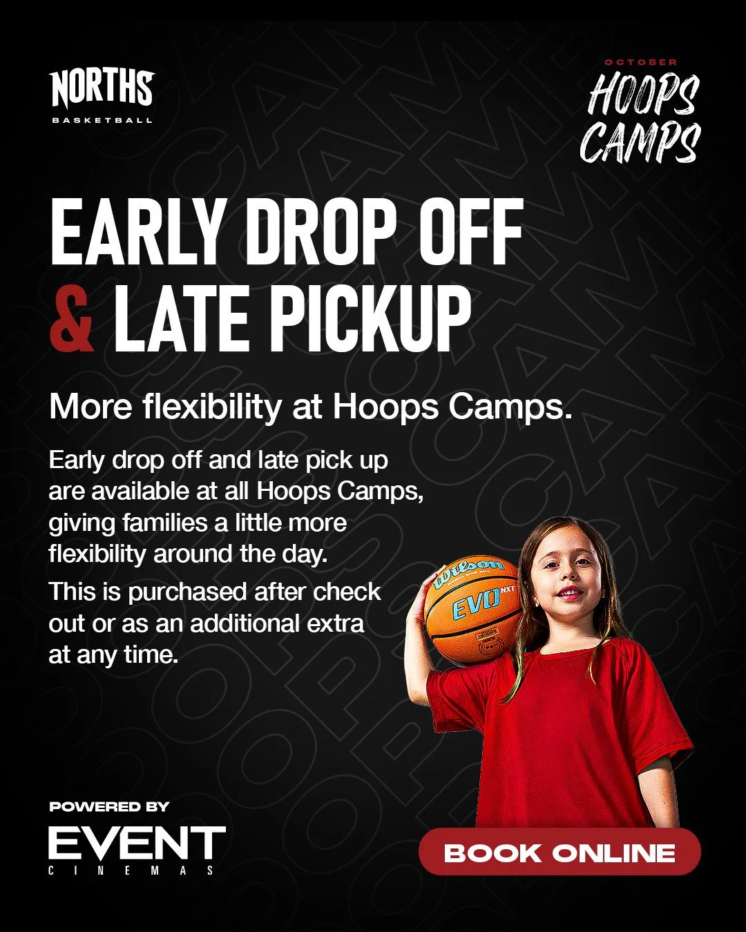 Workday running a little longer? We&rsquo;ve got you covered ⏰⁠
⁠
Our October Hoops Camps now have Early Drop Off and Late Pick Up add-ons to make the school holiday juggle that little bit easier!⁠
⁠
Early Drop Off from 7:45am.⁠
Late Pick Up until 4: