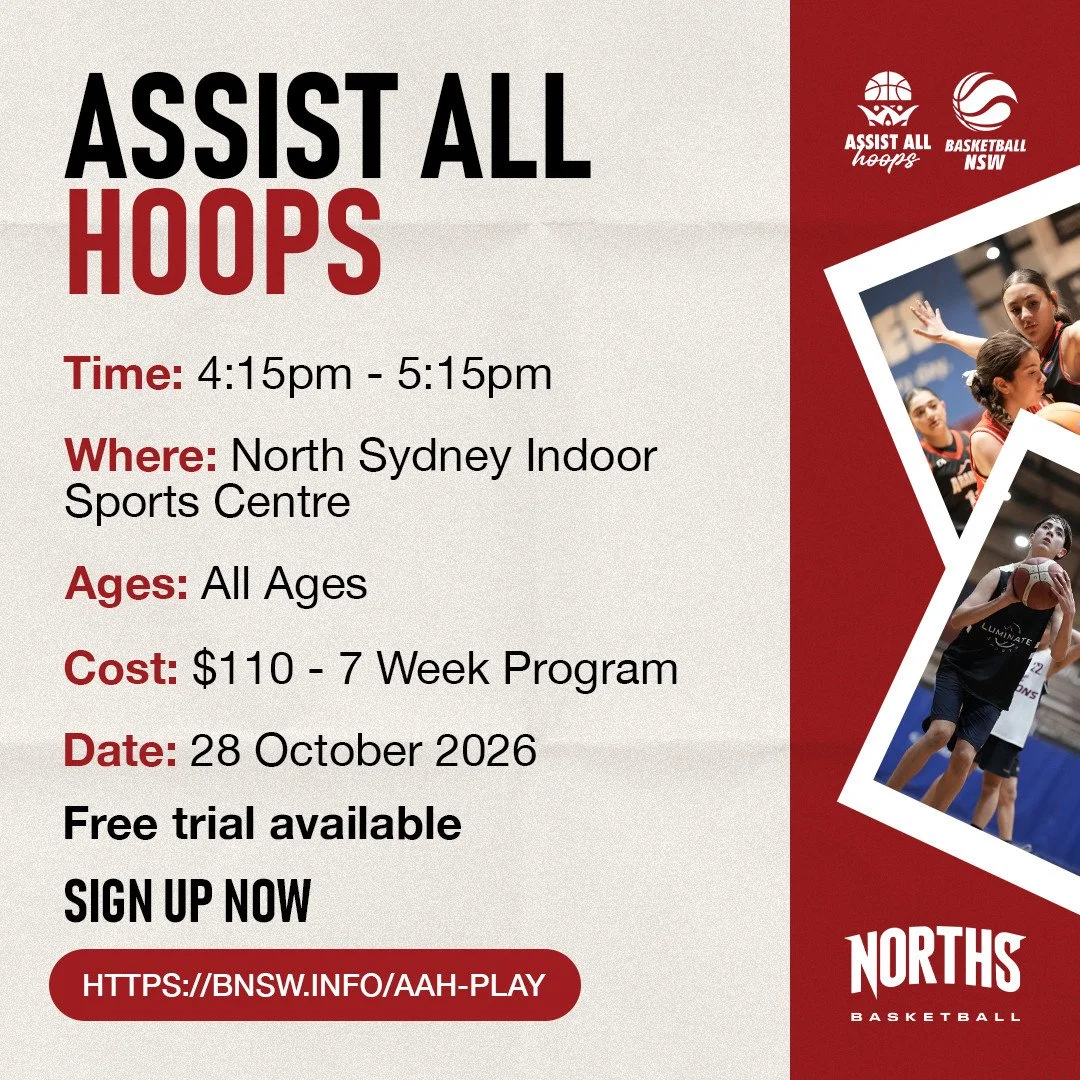At Norths we believe everyone deserves the chance to experience the joy of the game 🐻⁠
⁠
The Assist All Hoops Program starts this Wednesday, 28 October, for seven weeks of inclusive basketball, skill-building and fun!⁠
⁠
📍 North Sydney Indoor Sport