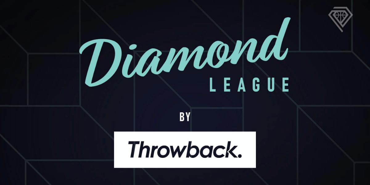 The image displays a logo for the Diamond League, a sports competition, sponsored by Throwback, with a dark geometric background.
